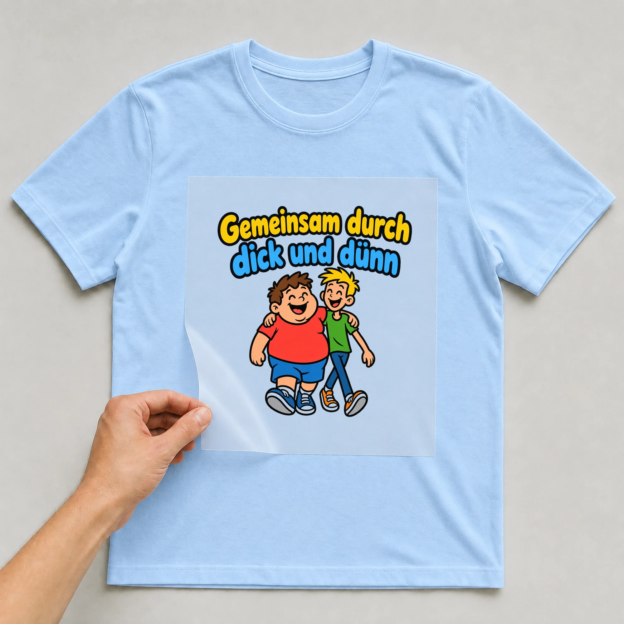 Bügelbild „Gemeinsam durch dick und dünn“ auf babyblauem T-Shirt, Folie wird aufgelegt