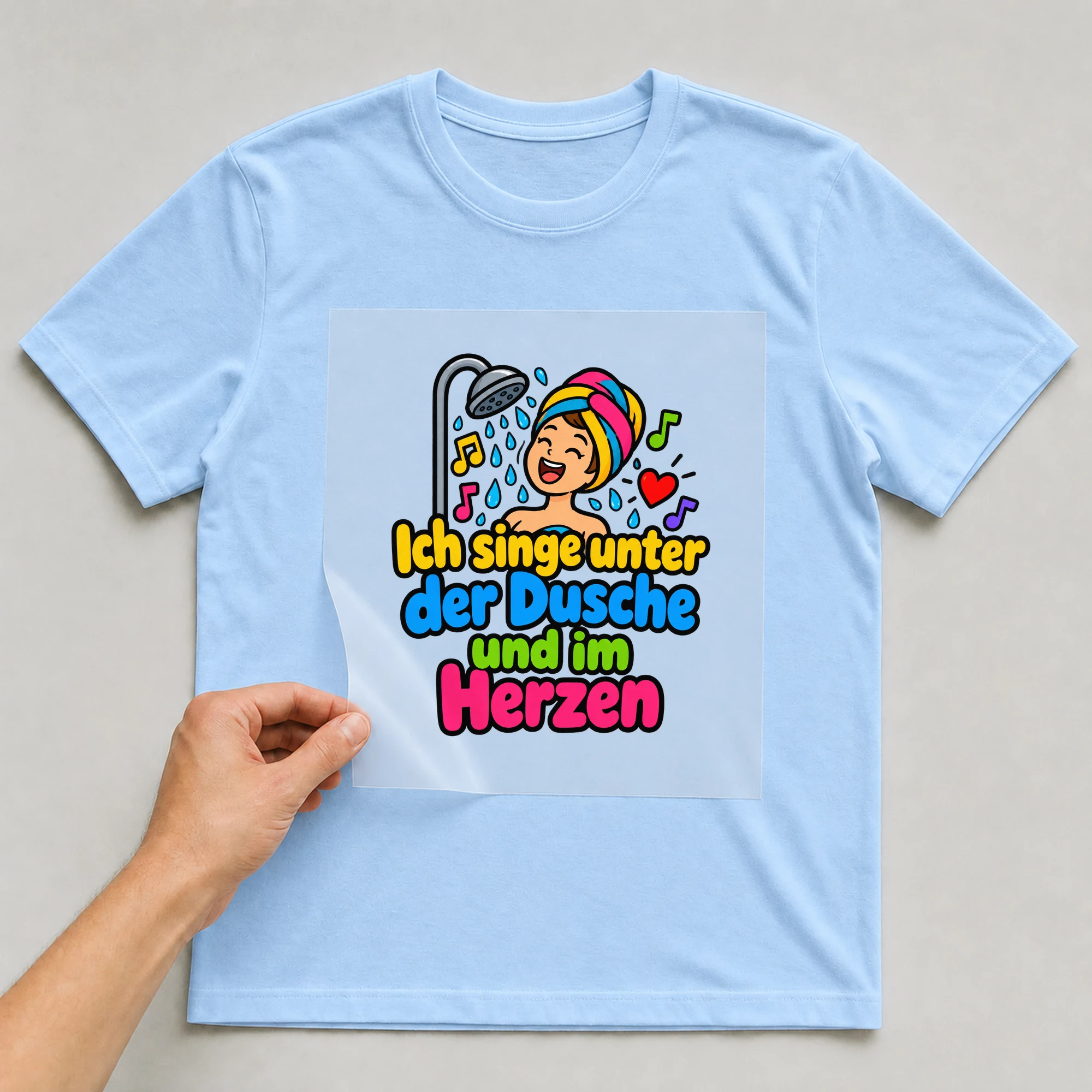 Bügelbild „Ich singe unter der Dusche und im Herzen“ auf babyblauem T-Shirt, Folie wird aufgelegt