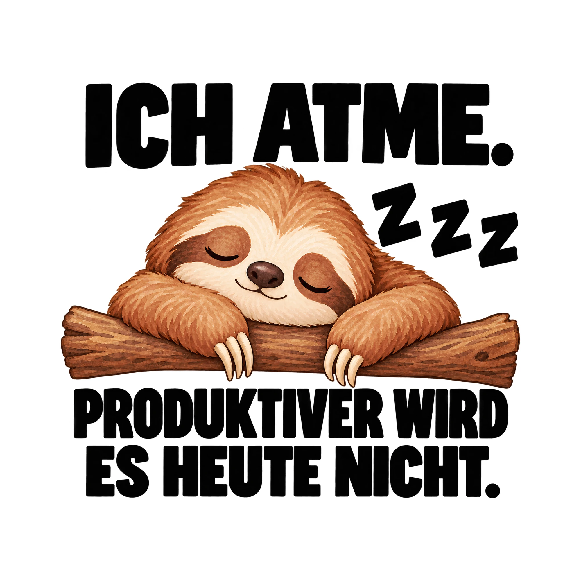 Bügelbild „ICH ATME. Z Z Z PRODUKTIVER WIRD ES HEUTE NICHT.“ | Lustiger Shirt Spruch als Grafik auf weißem Hintergrund (BB016038)