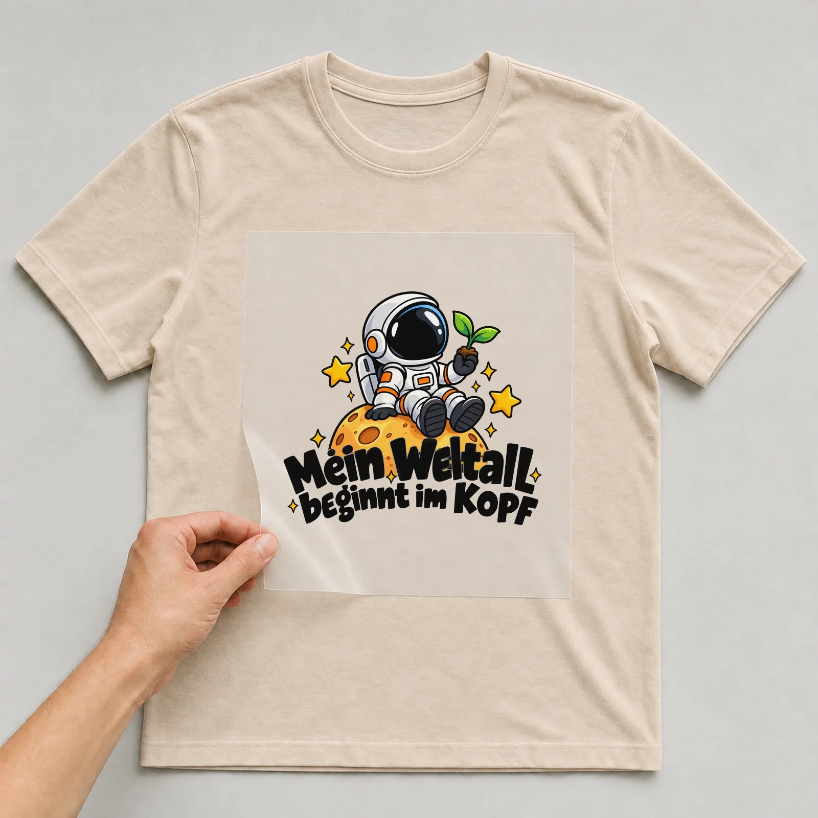Bügelbild „Mein Weltall beginnt im Kopf“ auf beigem T-Shirt, Folie wird aufgelegt