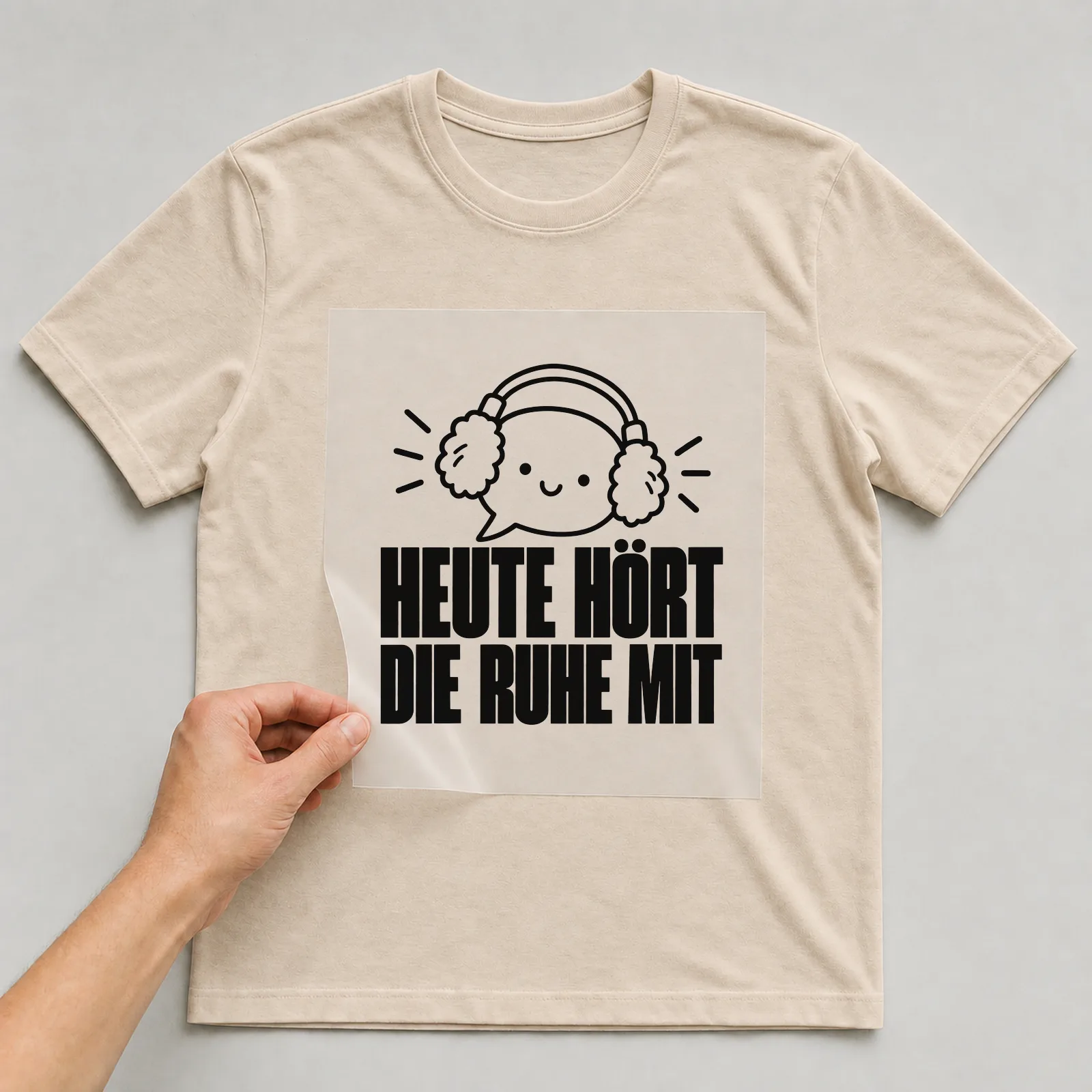 Bügelbild „Heute hört die Ruhe mit“ auf beigem T-Shirt, Folie wird aufgelegt
