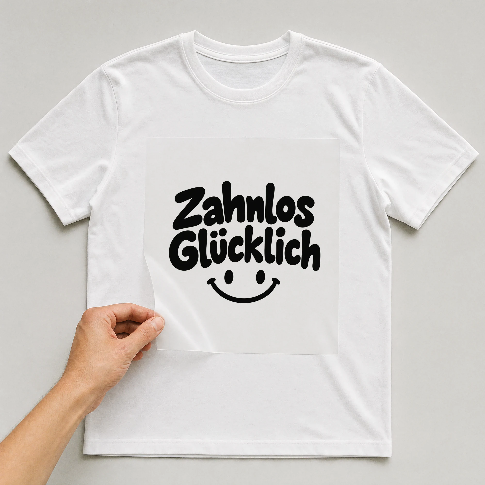 Bügelbild „Zahnlos Glücklich“ auf weißem T-Shirt, Folie wird aufgelegt