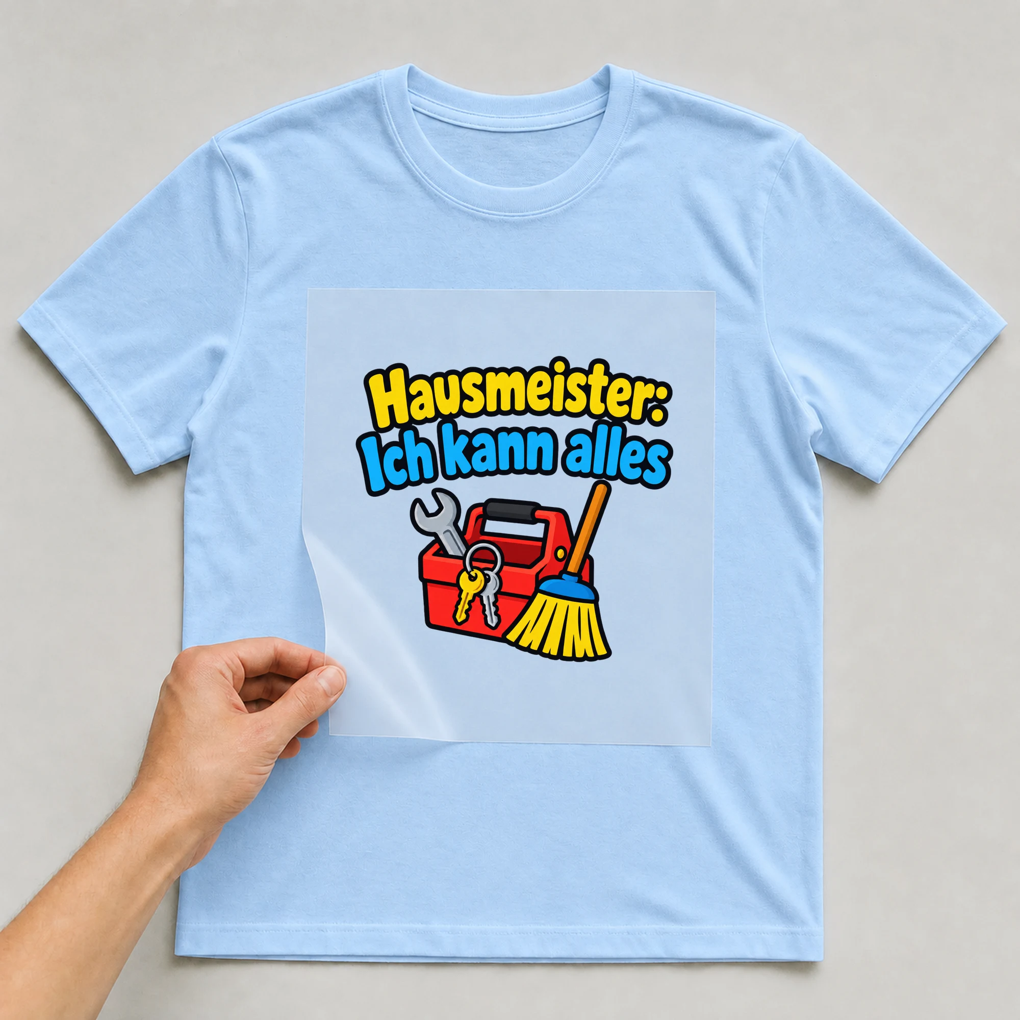 Bügelbild „Hausmeister: Ich kann alles“ auf babyblauem T-Shirt, Folie wird aufgelegt