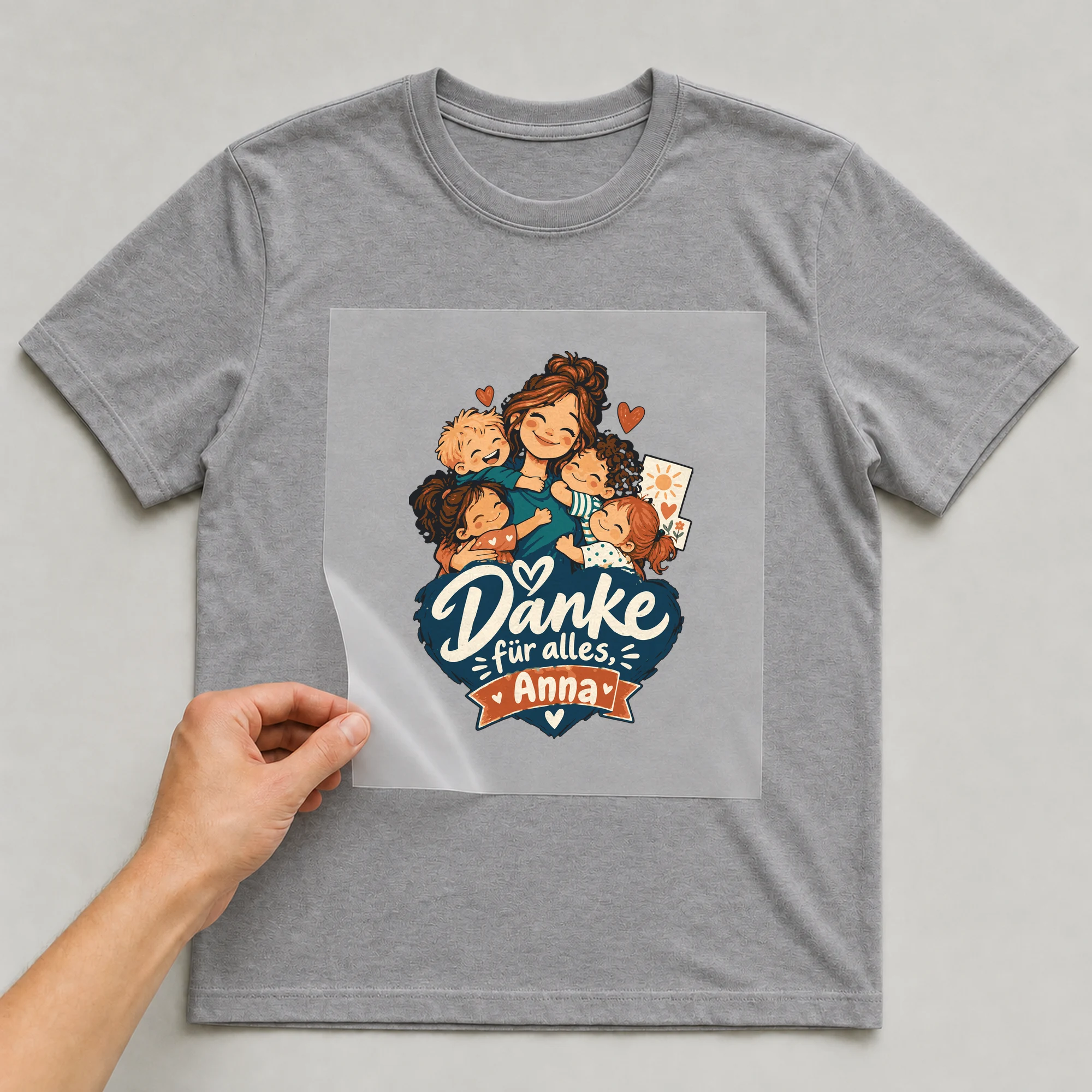Bügelbild Danke für alles mit Name auf grauem T-Shirt, Folie wird aufgelegt