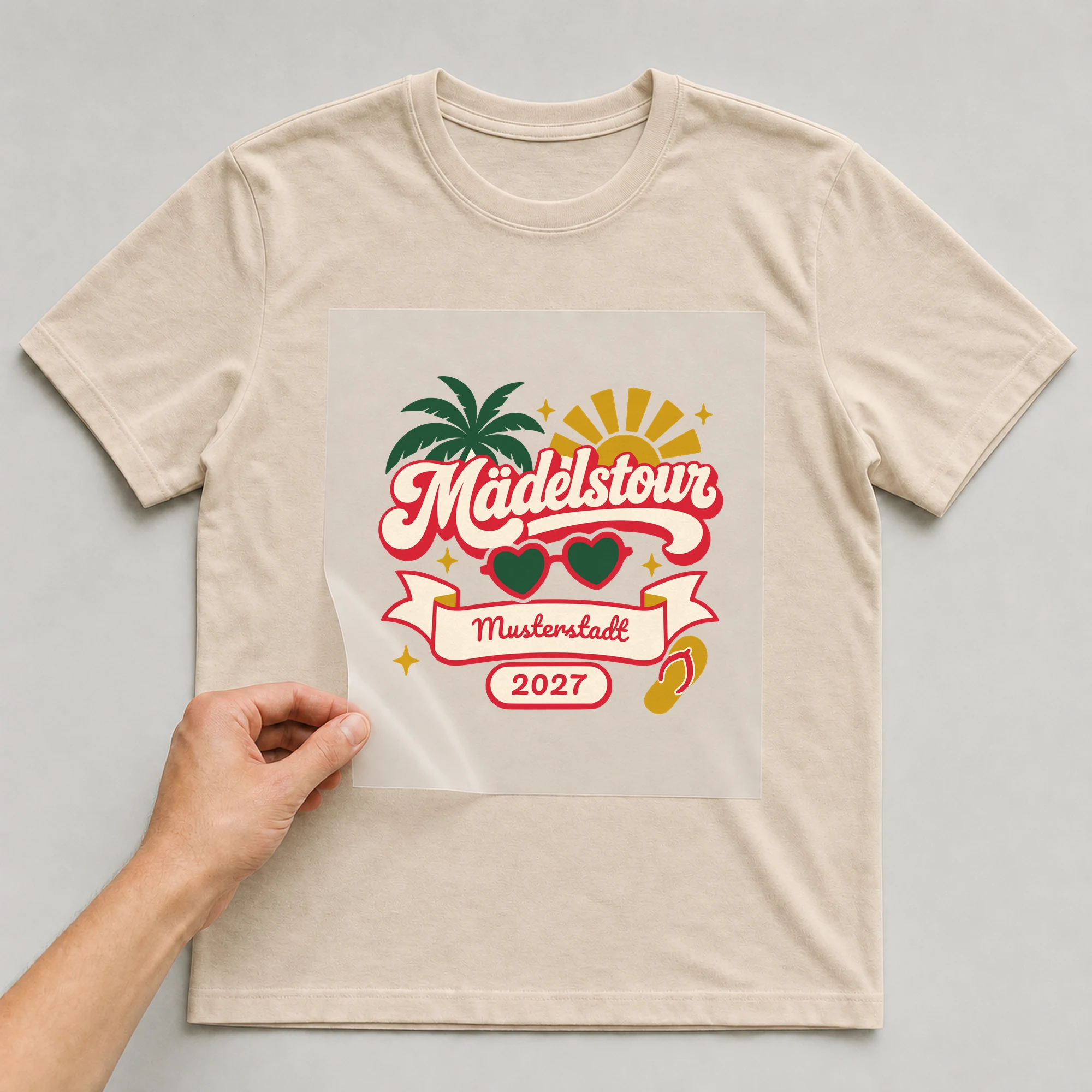 Bügelbild Mädelstour mit Ort und Jahr auf beigem T-Shirt, Folie wird aufgelegt