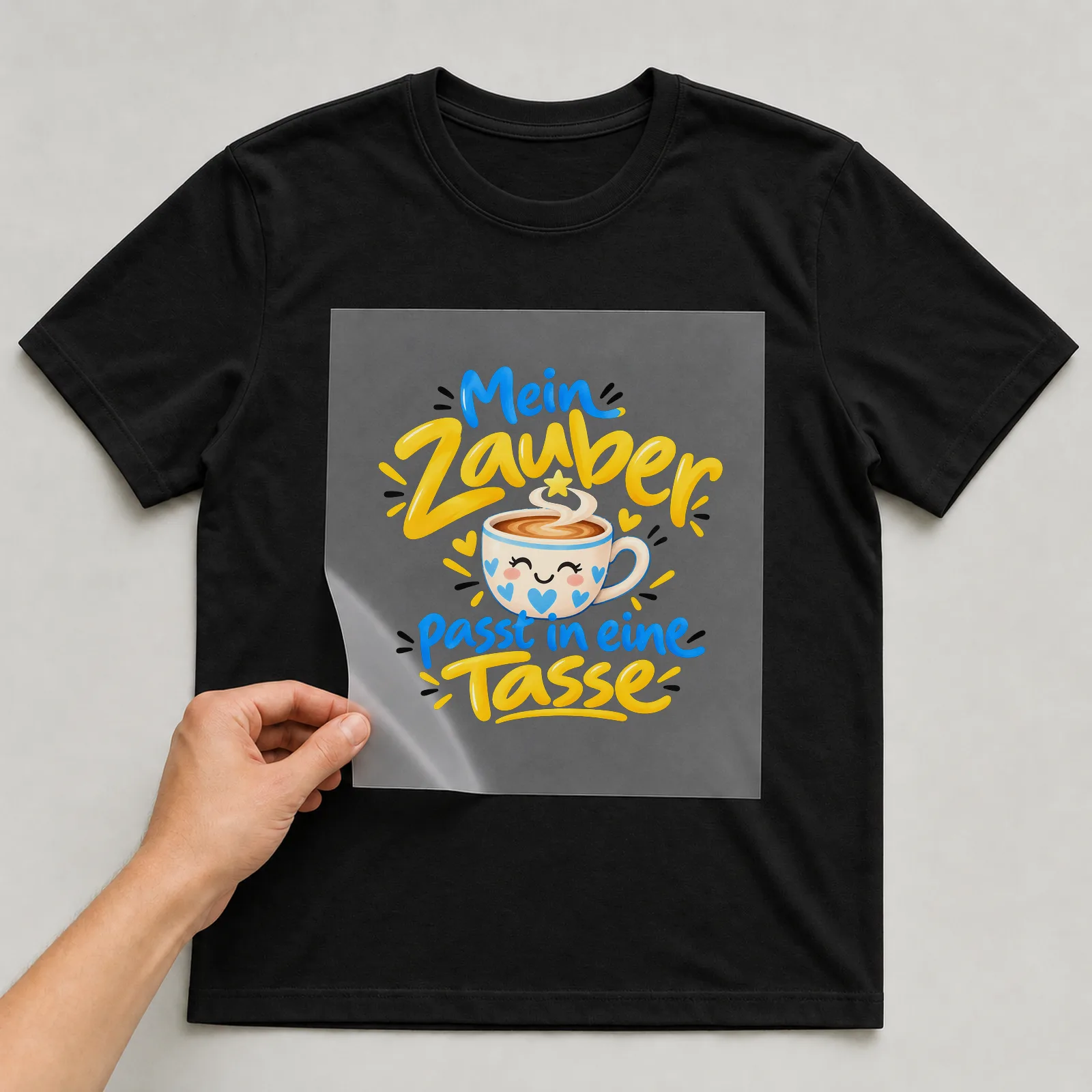 Bügelbild „Mein Zauber passt in eine Tasse“ auf schwarzem T-Shirt, Folie wird aufgelegt