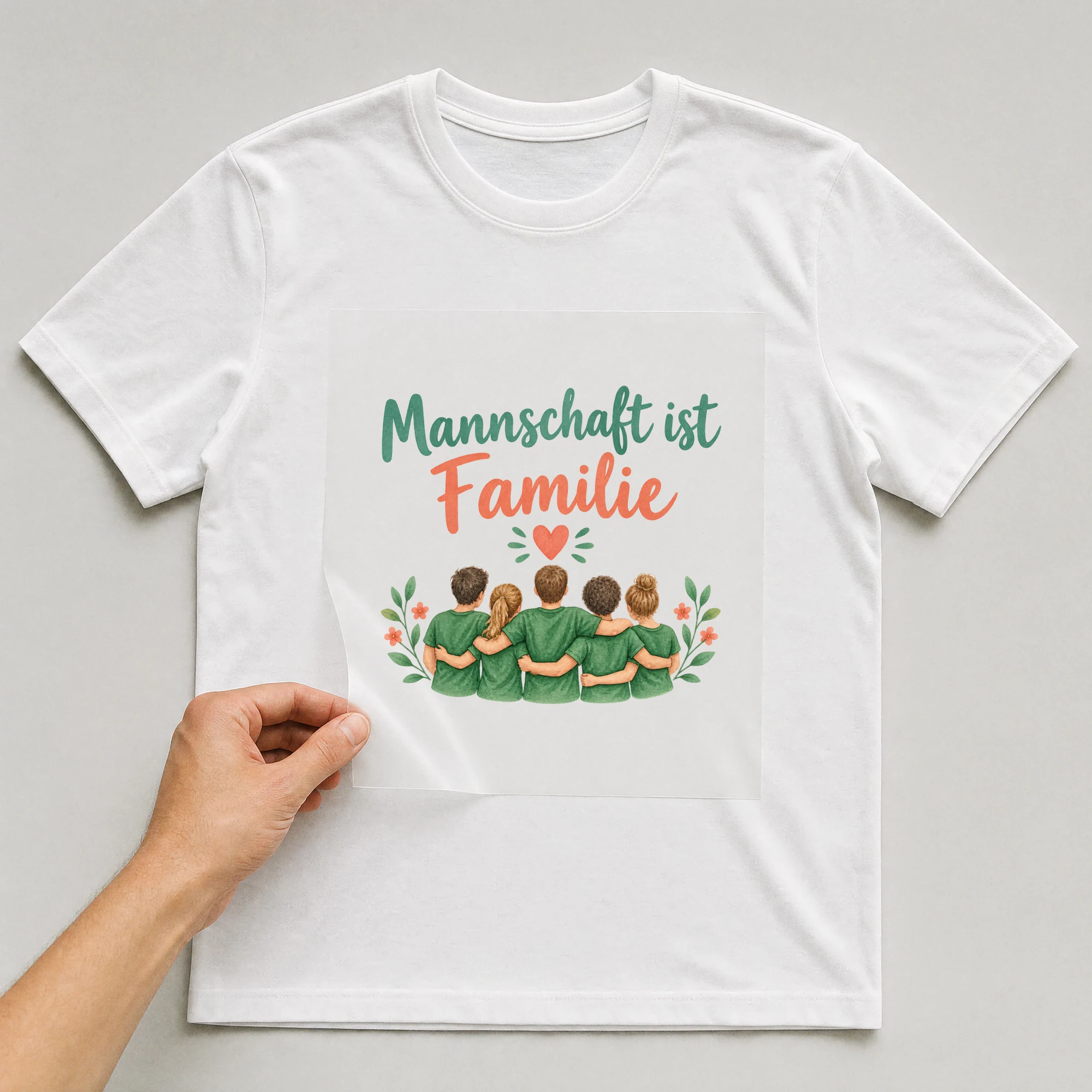 Bügelbild „Mannschaft ist Familie“ auf weißem T-Shirt, Folie wird aufgelegt