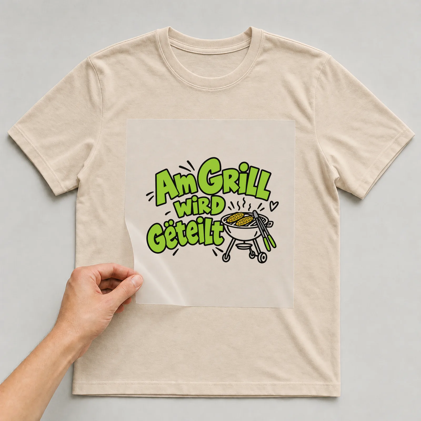 Bügelbild „Am Grill wird geteilt“ auf beigem T-Shirt, Folie wird aufgelegt