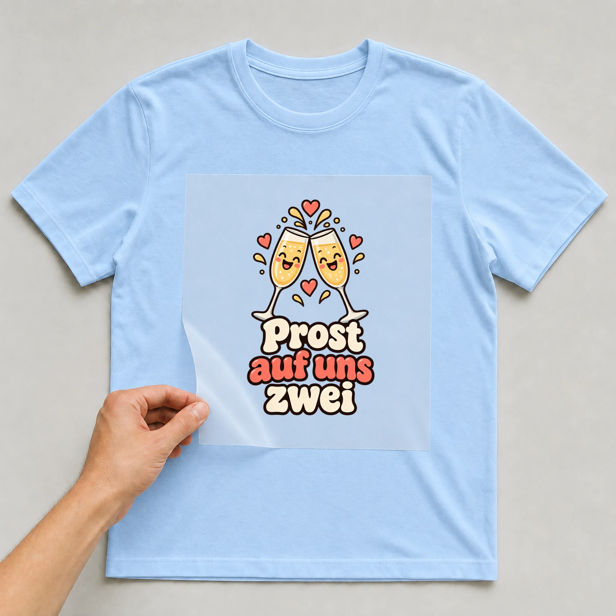 Bügelbild „Zu zweit eine tolle Idee“ auf babyblauem T-Shirt, Folie wird aufgelegt
