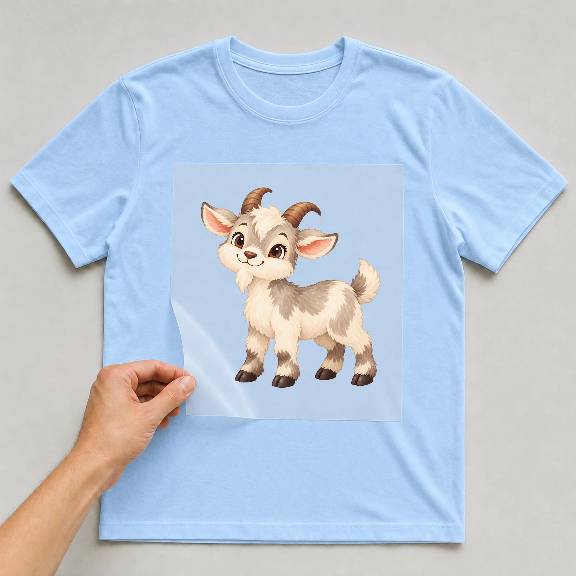 Bügelbild „Chinesisches Zeichen Jahr Der Schlange“ auf babyblauem T-Shirt, Folie wird aufgelegt