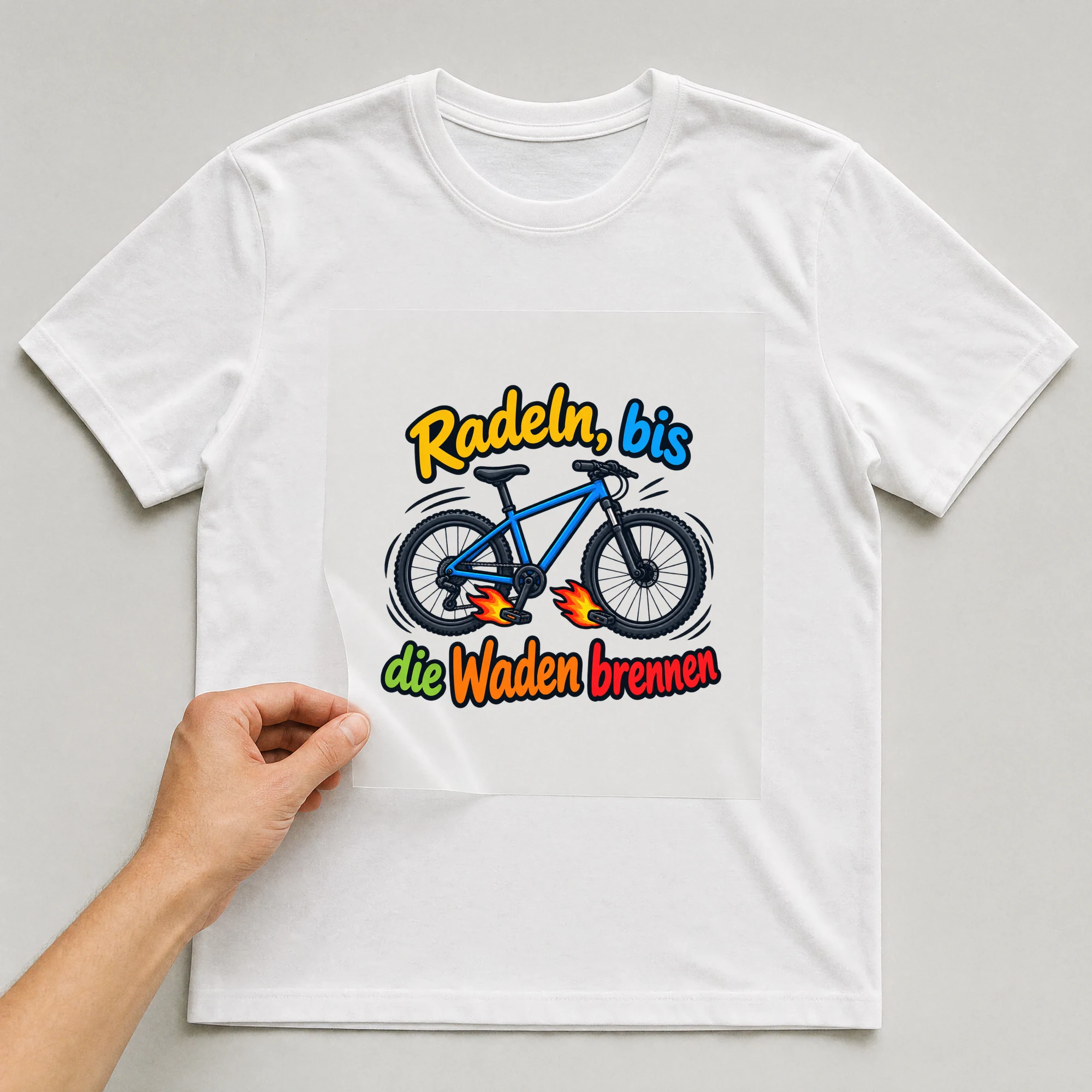 Bügelbild „Radeln, bis die Waden brennen“ auf weißem T-Shirt, Folie wird aufgelegt