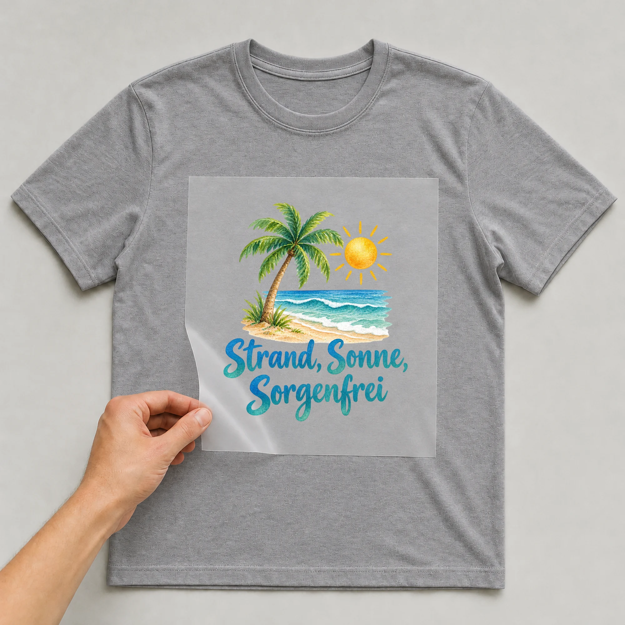 Bügelbild „Strand, Sonne, Sorgenfrei“ auf grauem T-Shirt, Folie wird aufgelegt