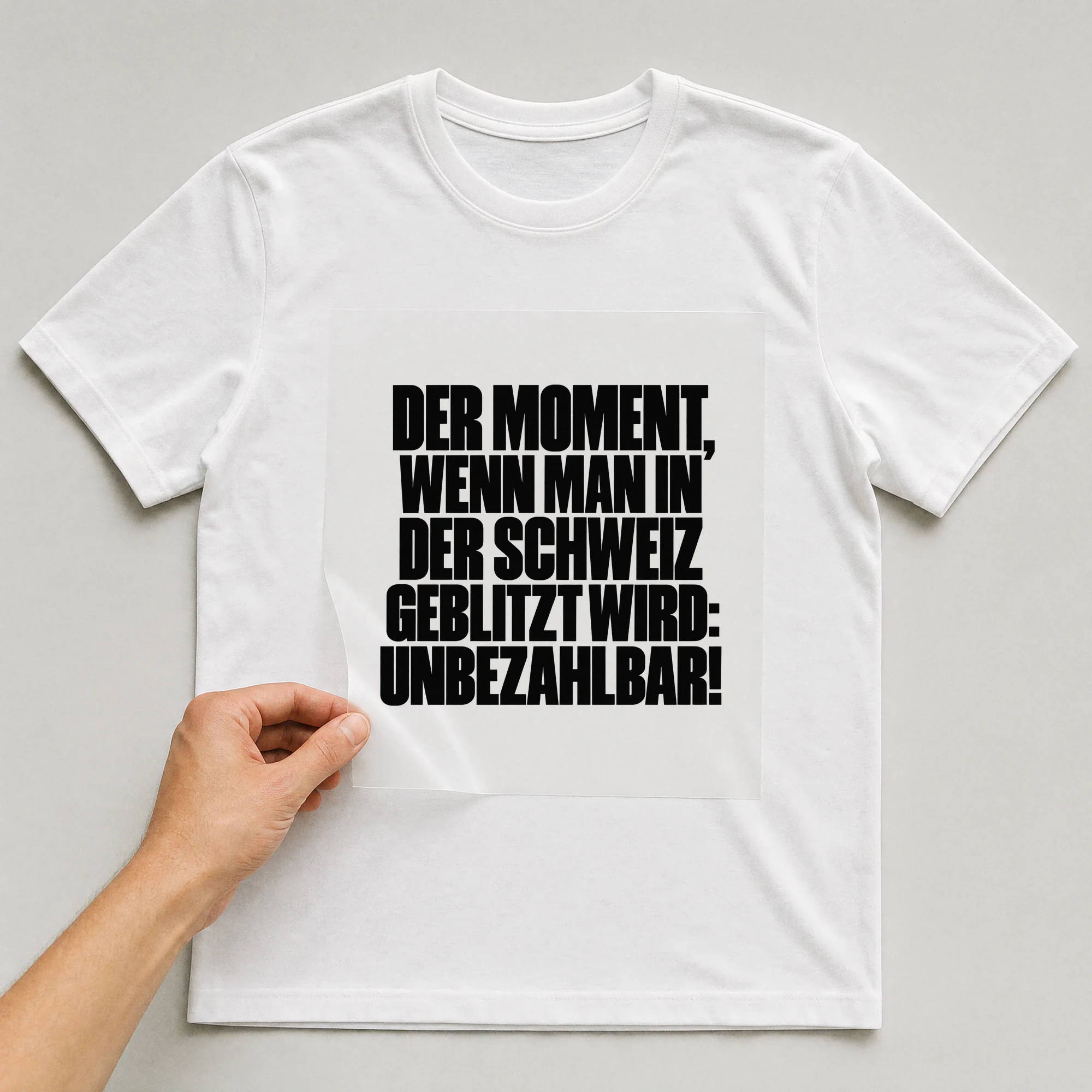 Bügelbild „Der Moment, wenn man in der Schweiz geblitzt wird: Unbezahlbar!“ auf weißem T-Shirt, Folie wird aufgelegt