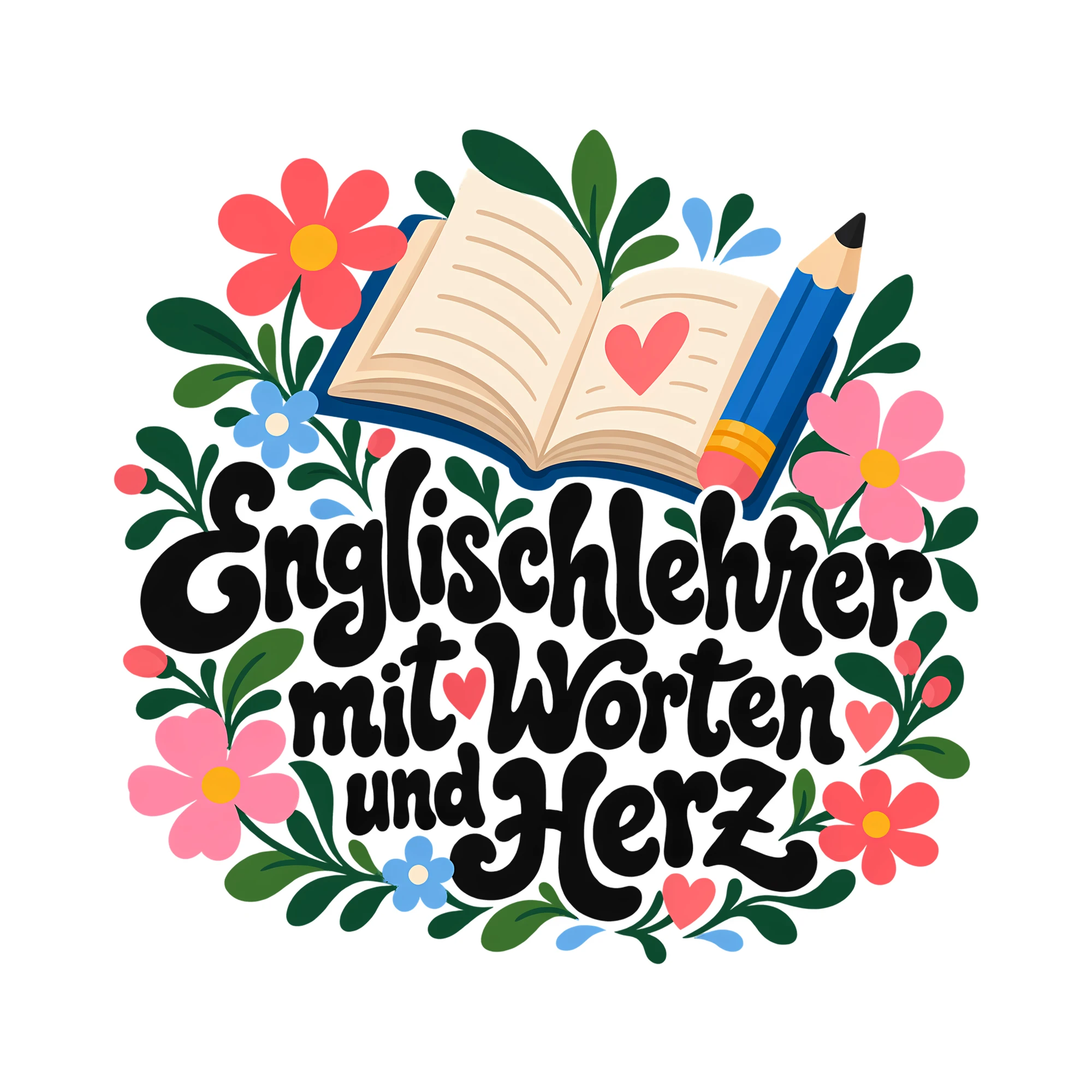 Bügelbild Englischlehrer mit Worten und Herz als Grafik auf weißem Hintergrund (BB011764)