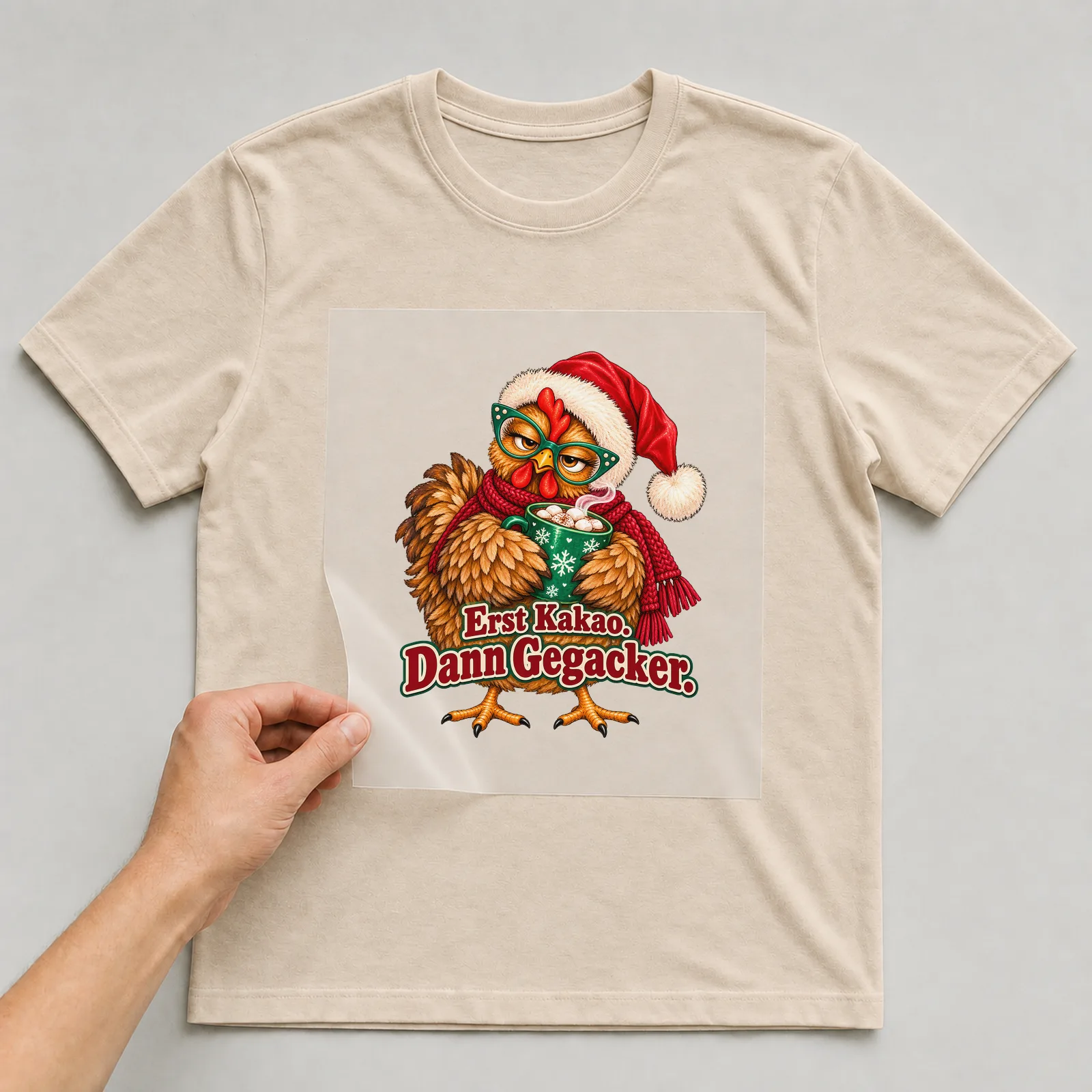 Bügelbild huhn kakaopause auf beigem T-Shirt, Folie wird aufgelegt