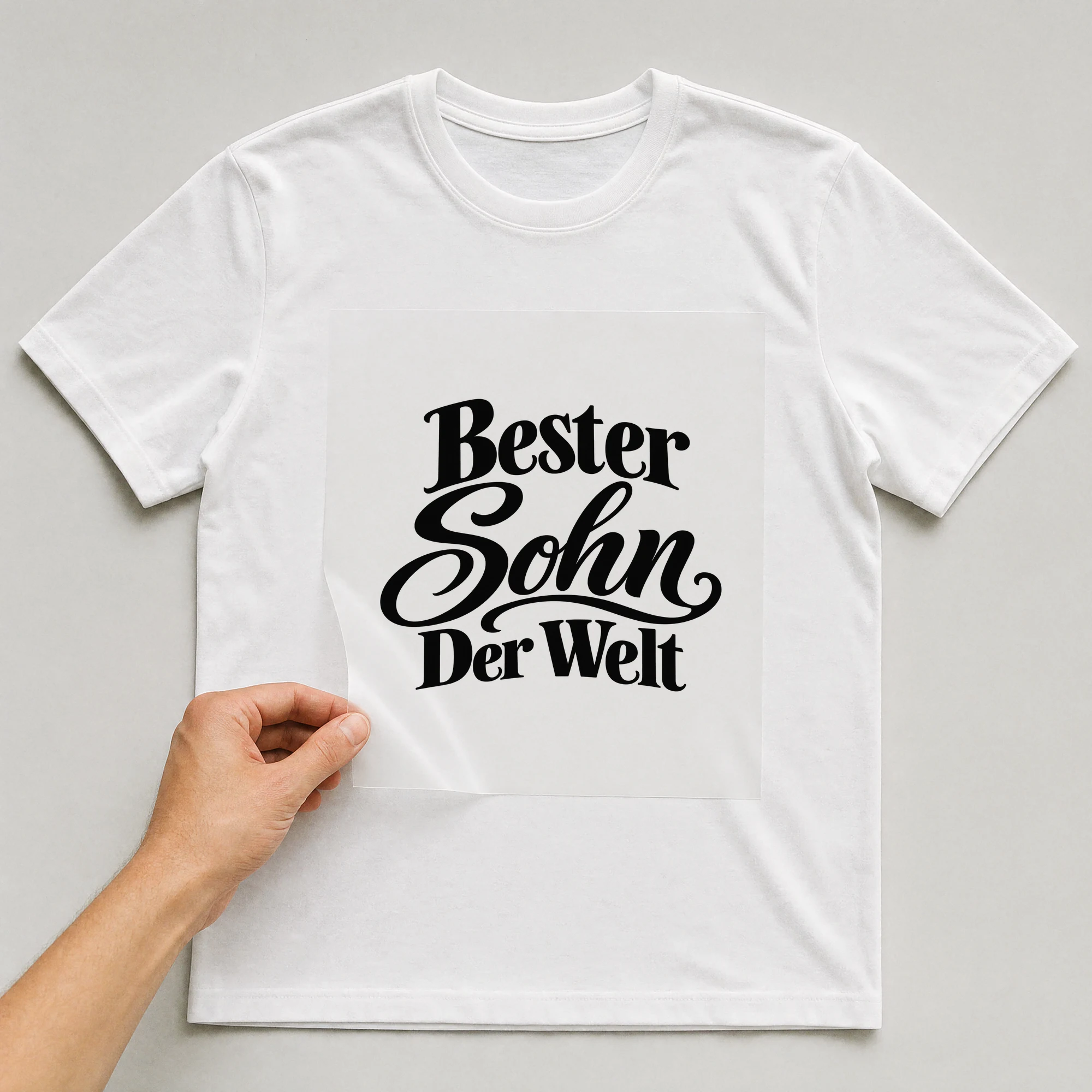 Bügelbild „Bester Sohn der Welt“ auf weißem T-Shirt, Folie wird aufgelegt