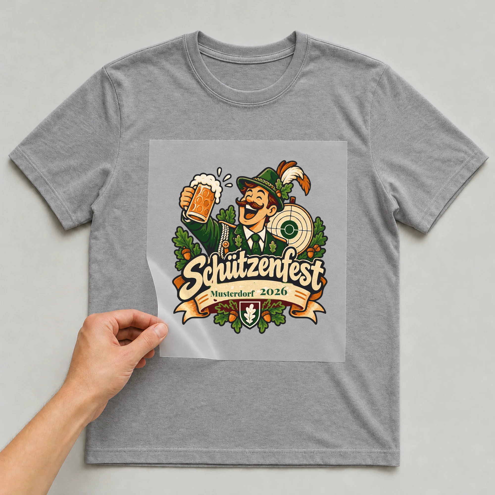 Bügelbild Schützenfest mit Ort und Jahr auf grauem T-Shirt, Folie wird aufgelegt