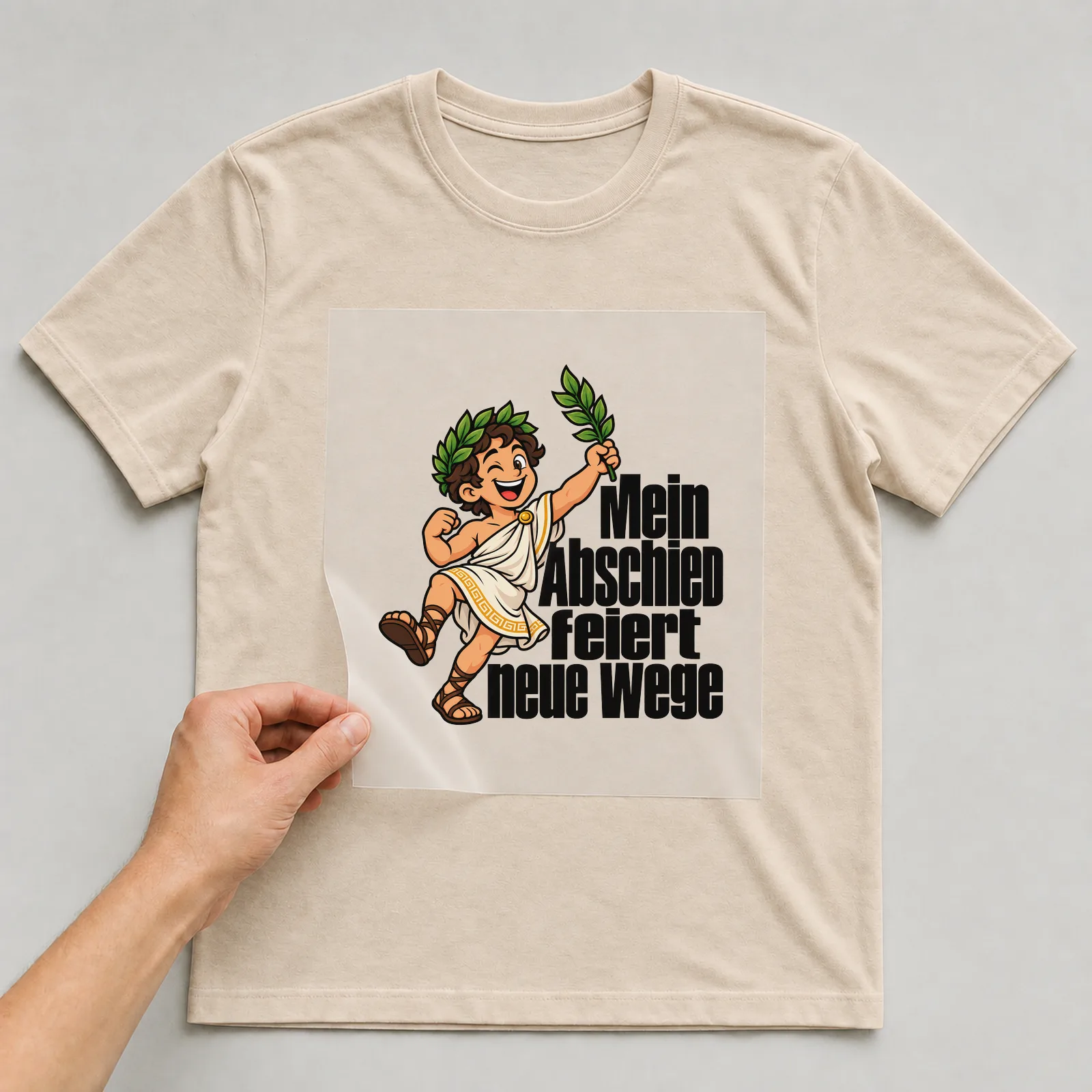 Bügelbild „Mein Abschied feiert neue Wege“ auf beigem T-Shirt, Folie wird aufgelegt