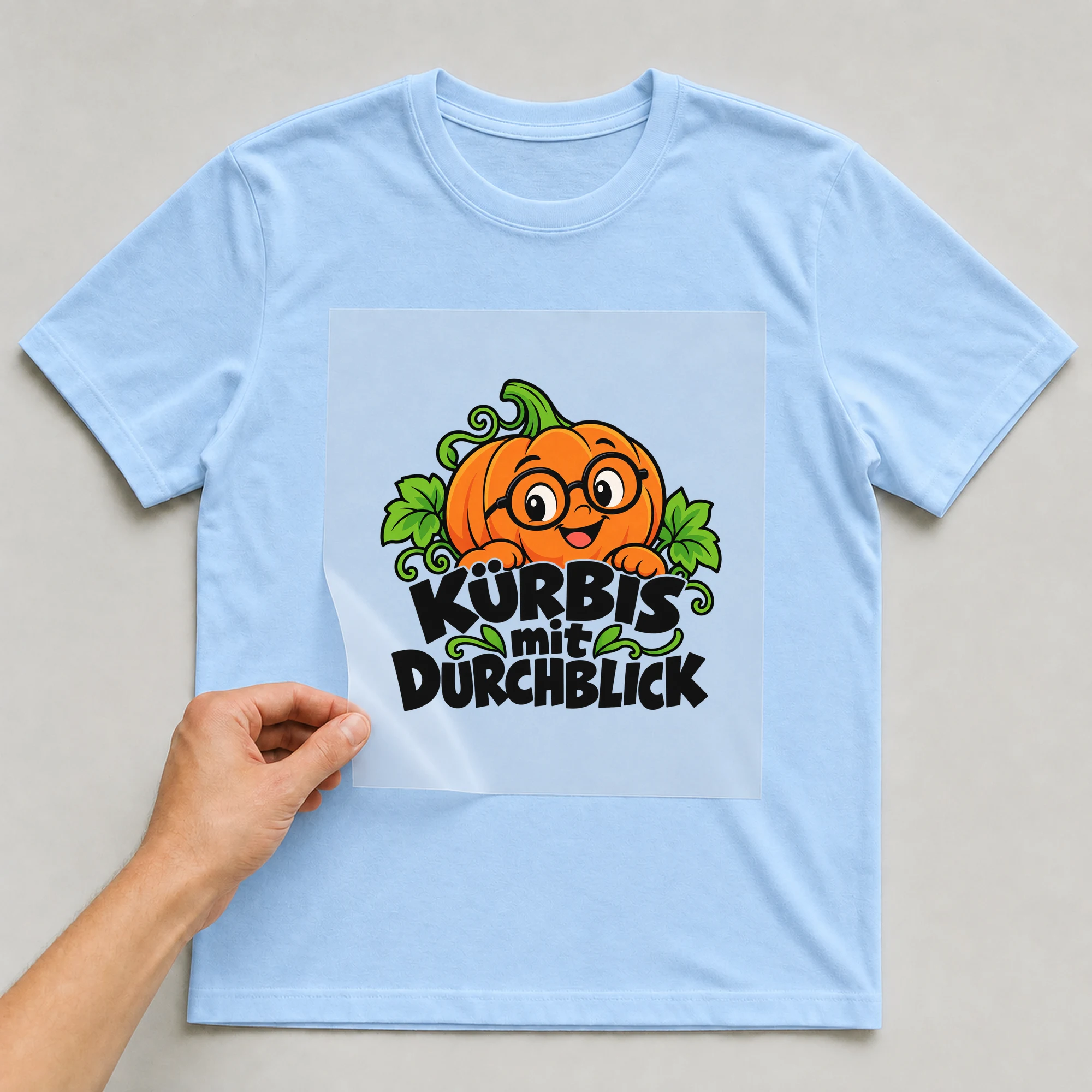 Bügelbild „Kürbis mit Durchblick“ auf babyblauem T-Shirt, Folie wird aufgelegt
