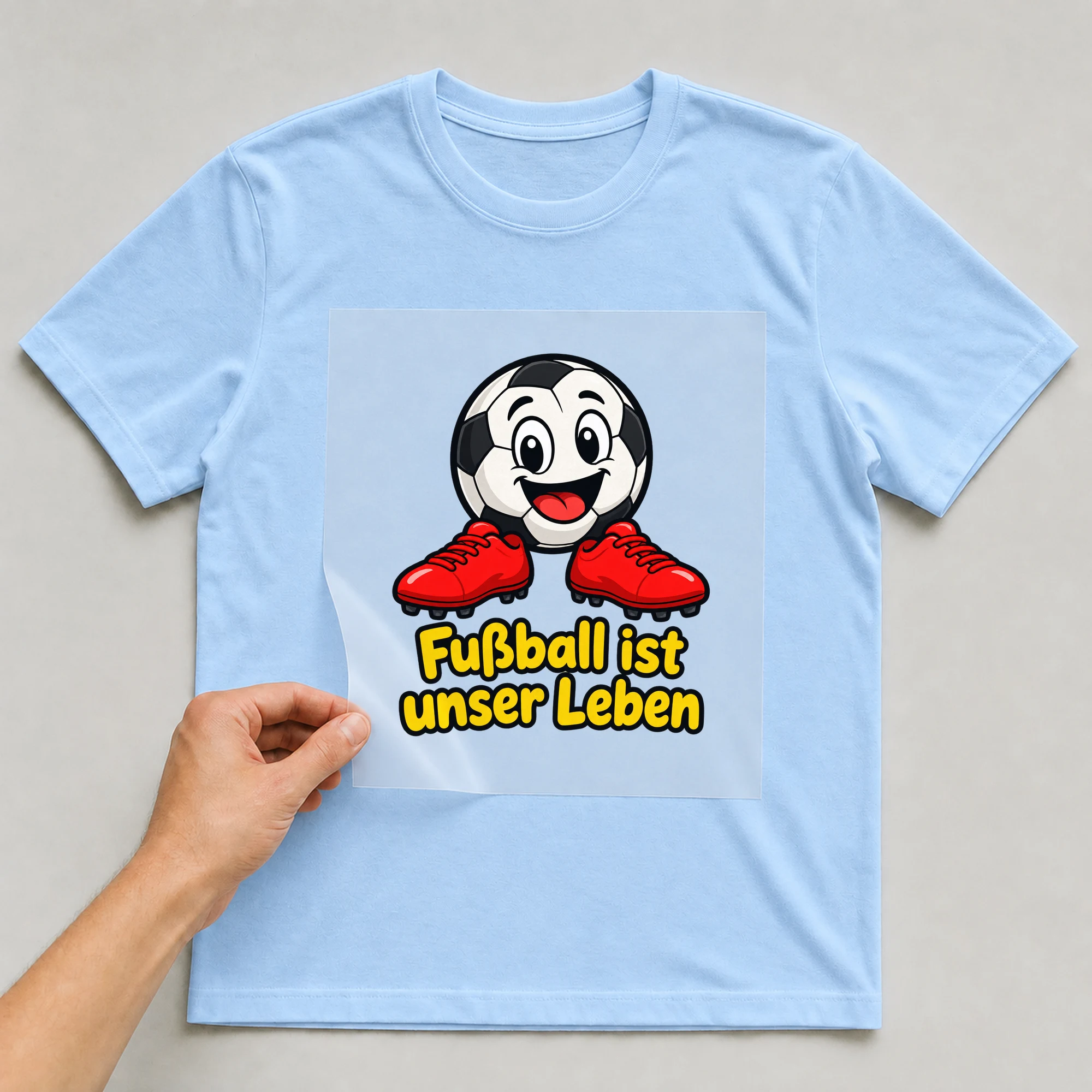 Bügelbild „Fußball ist unser Leben“ auf babyblauem T-Shirt, Folie wird aufgelegt