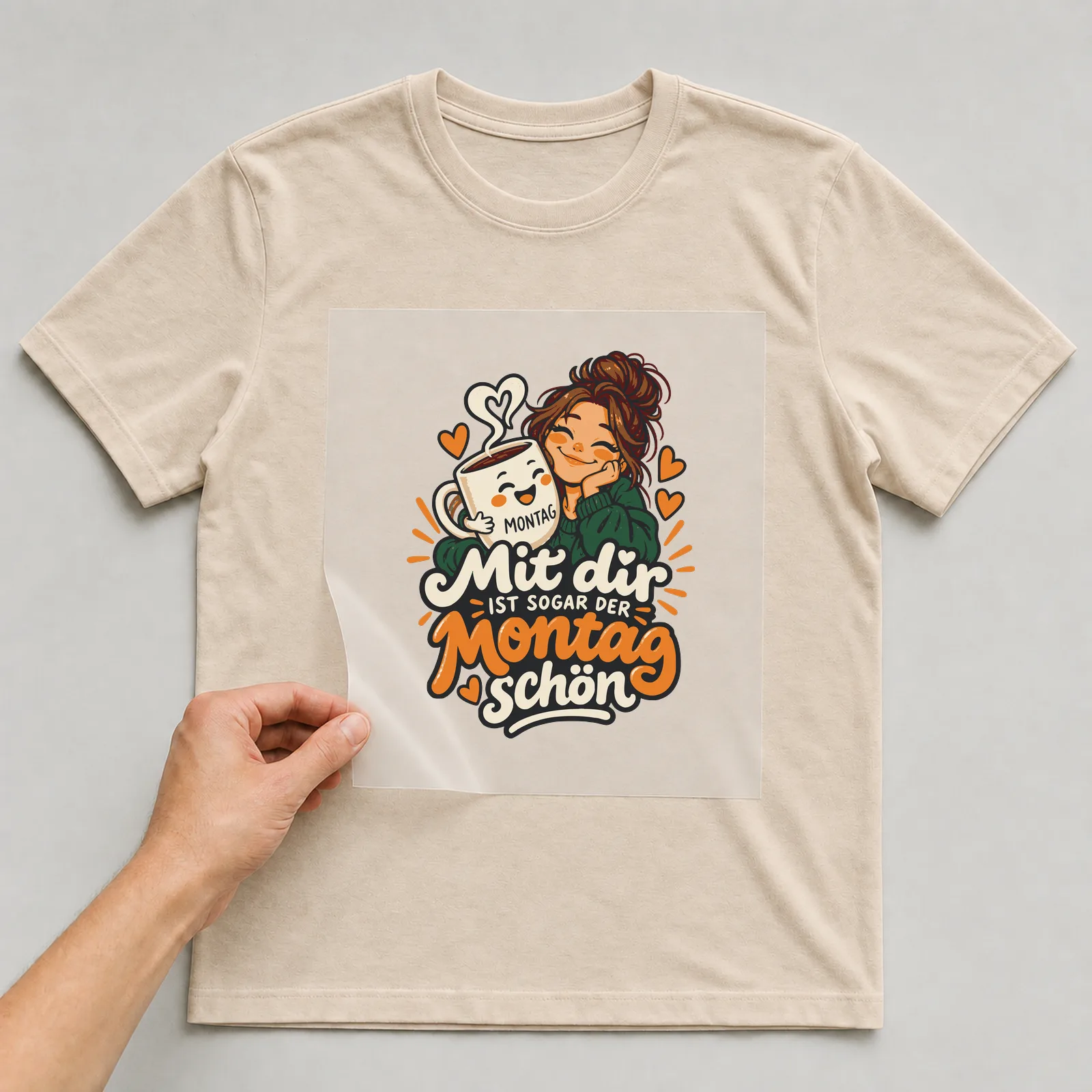 Bügelbild Mit dir ist sogar der Montag schön auf beigem T-Shirt, Folie wird aufgelegt