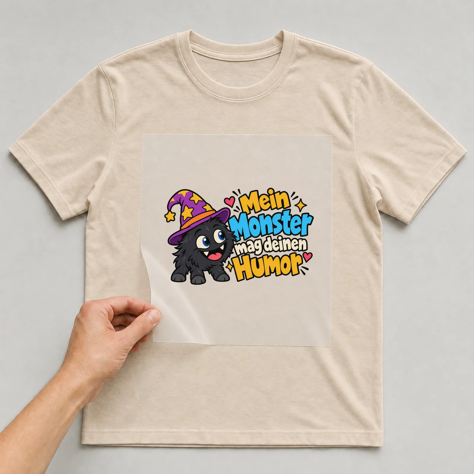 Bügelbild „Mein Monster mag deinen Humor“ auf beigem T-Shirt, Folie wird aufgelegt