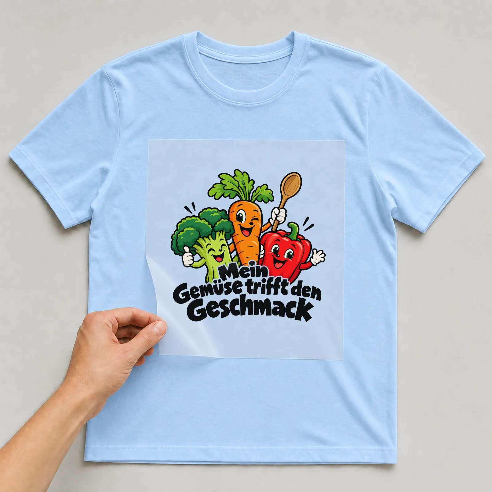 Bügelbild „Mein Gemüse trifft den Geschmack“ auf hellblauem T-Shirt, Folie wird aufgelegt