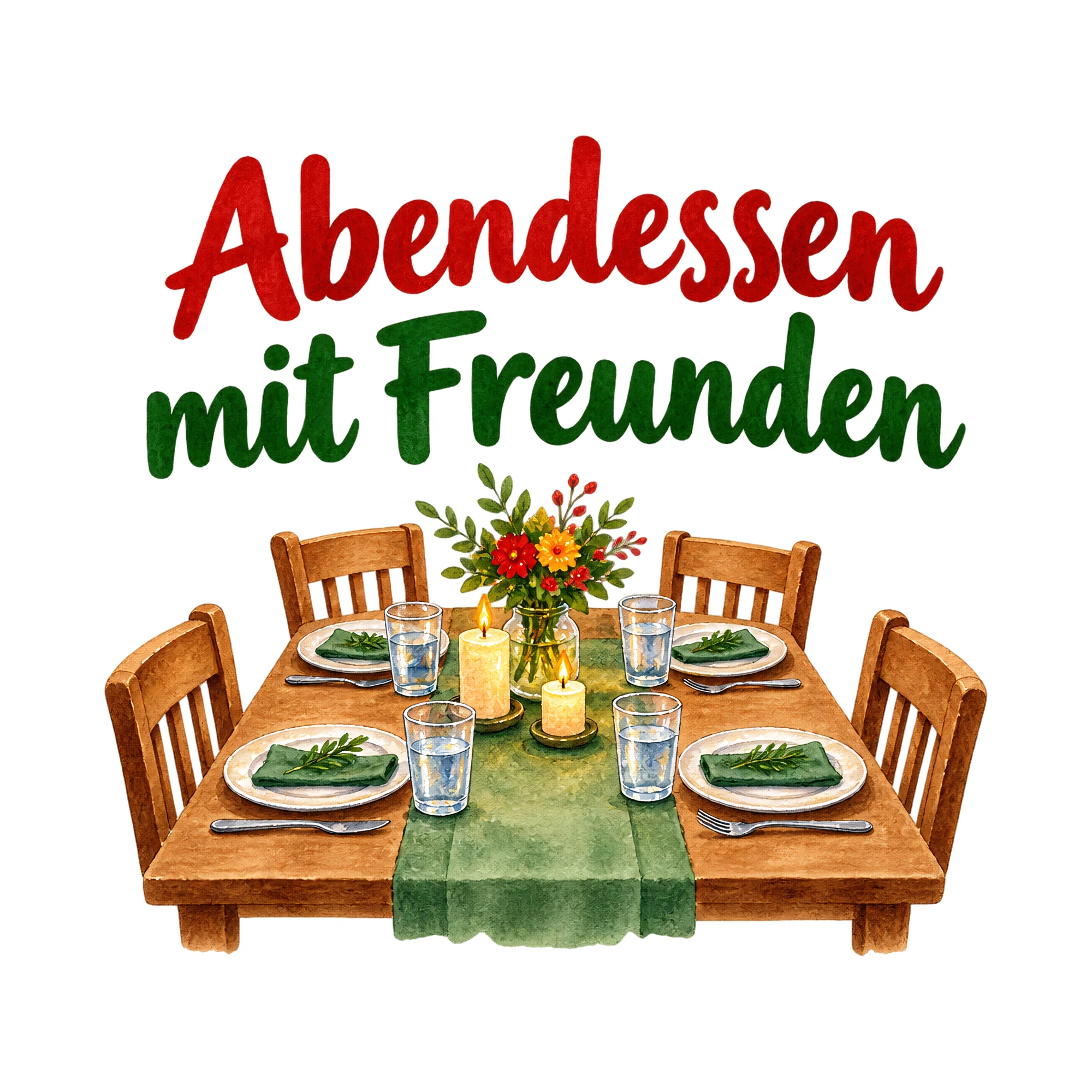 Bügelbild Abendessen mit Freunden als Grafik auf weißem Hintergrund (BB018488)