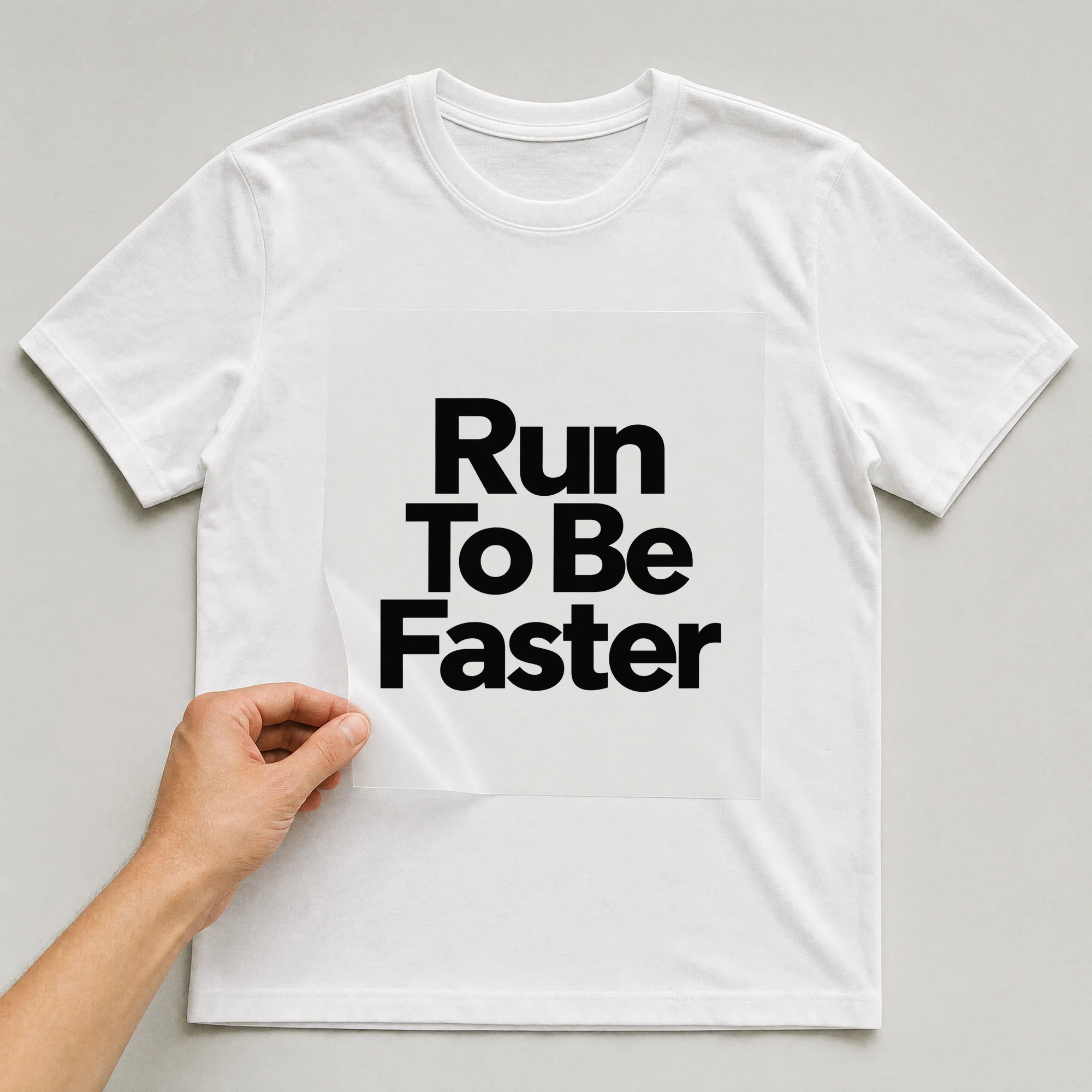 Bügelbild „Run To Be Faster“ auf weißem T-Shirt, Folie wird aufgelegt