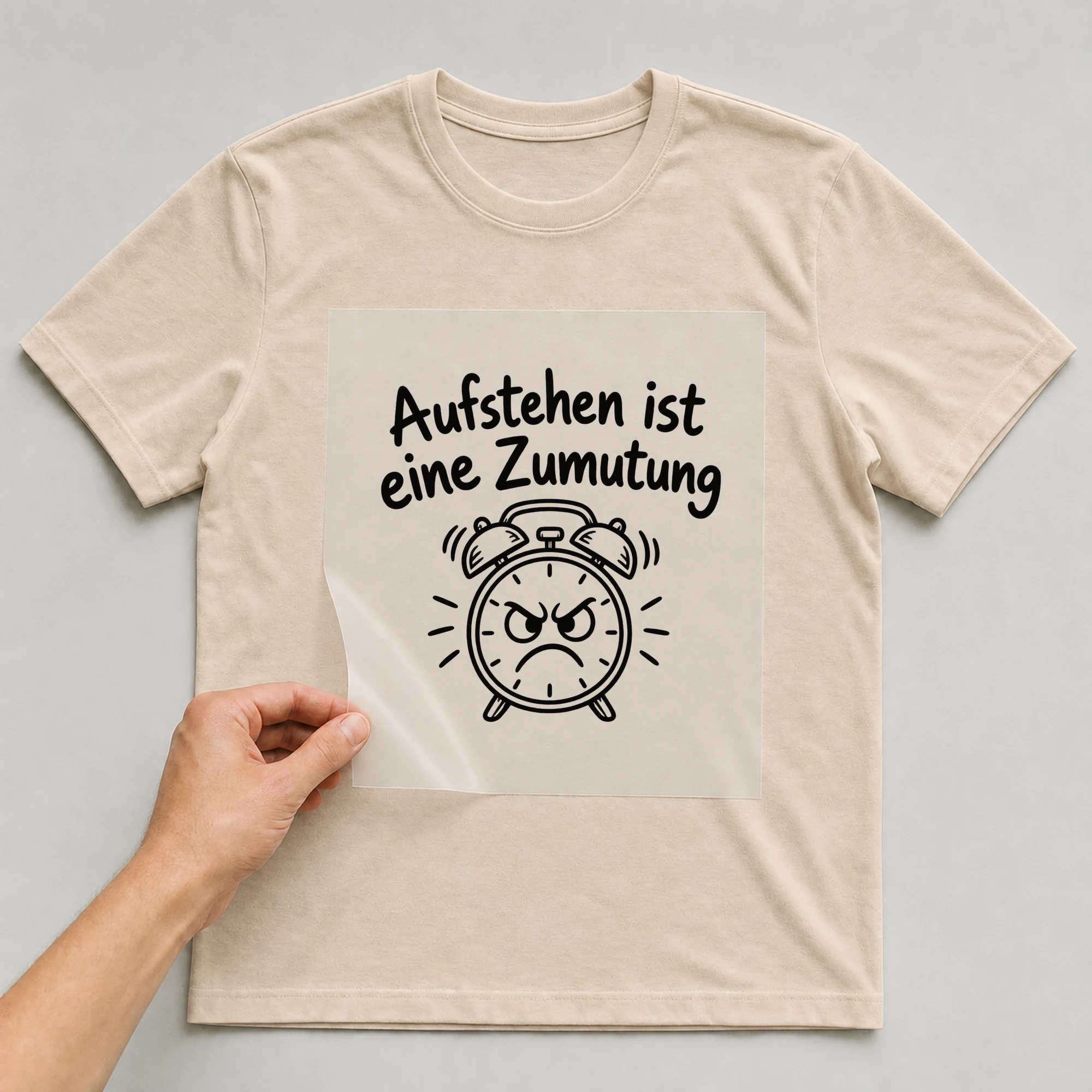 Bügelbild „Aufstehen ist eine Zumutung“ auf beigem T-Shirt, Folie wird aufgelegt