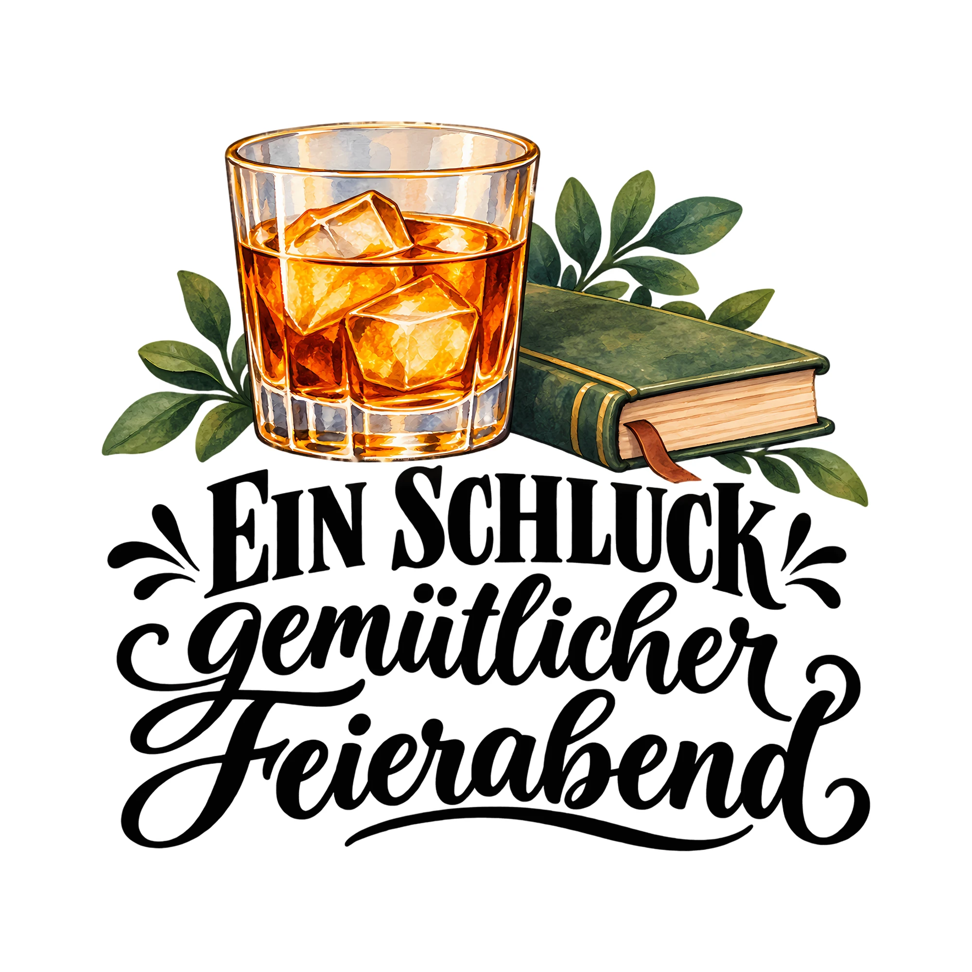 Bügelbild Ein Schluck gemütlicher Feierabend als Grafik auf weißem Hintergrund (BB012151)