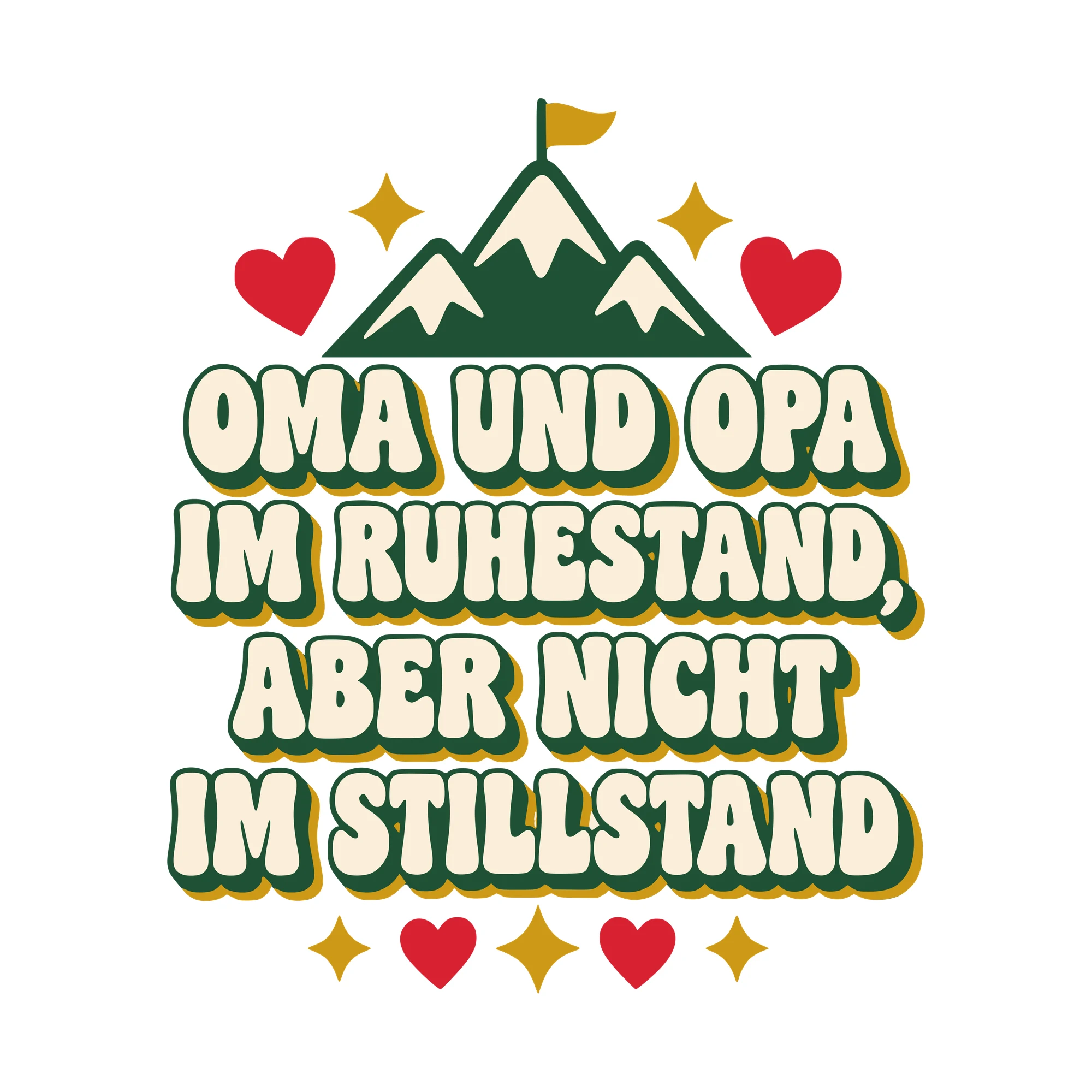 Bügelbild Oma und Opa im Ruhestand, aber nicht im Stillstand als Grafik auf weißem Hintergrund (BB010590)