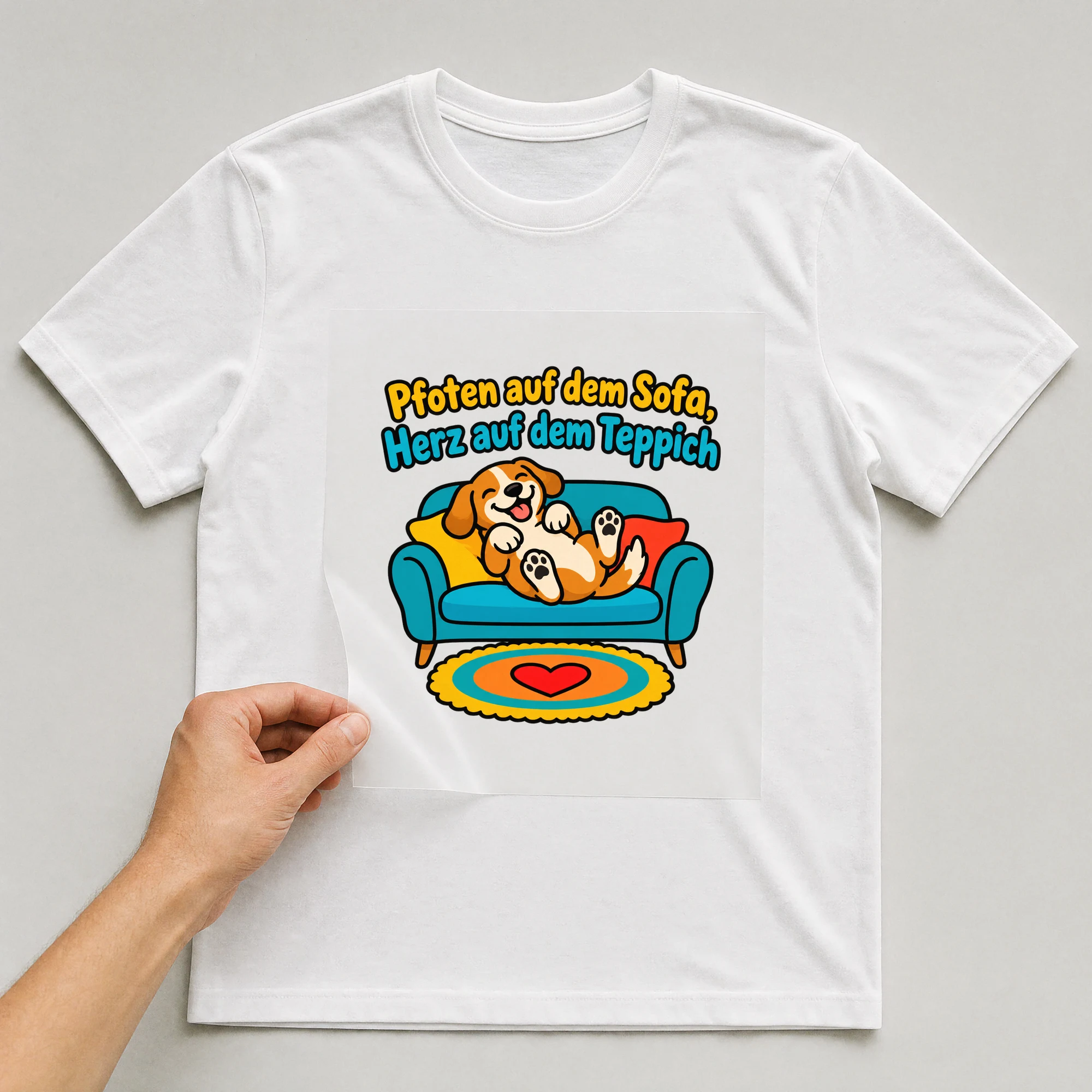 Bügelbild „Pfoten auf dem Sofa, Herz auf dem Teppich“ auf weißem T-Shirt, Folie wird aufgelegt