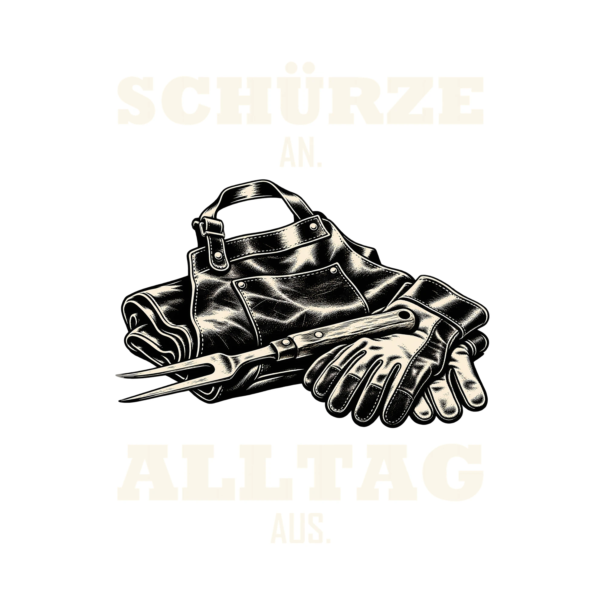 Bügelbild SCHÜRZE AN. ALLTAG AUS. als Grafik auf weißem Hintergrund (BB012063)