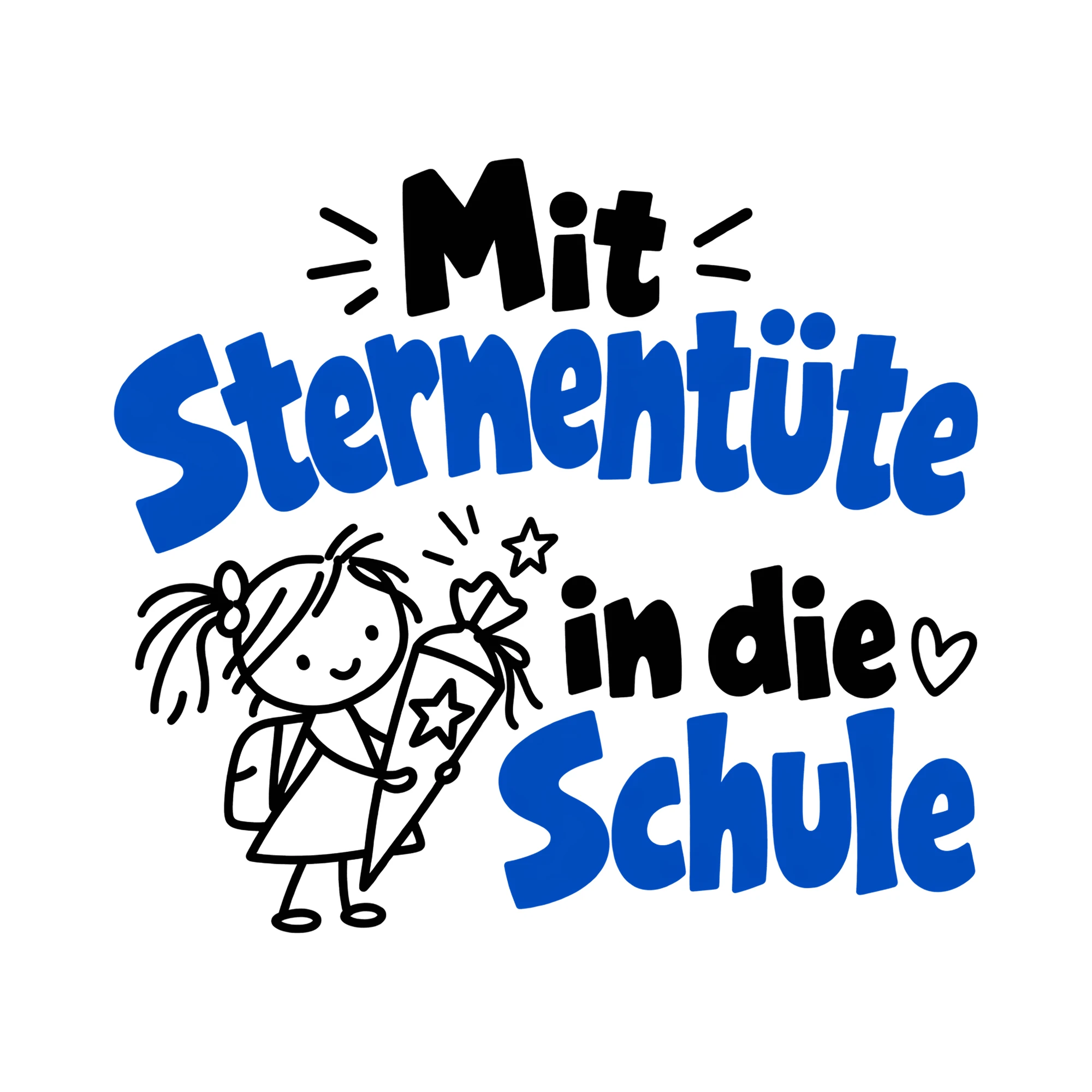 Bügelbild Mit Sternentüte in die Schule als Grafik auf weißem Hintergrund (BB011727)