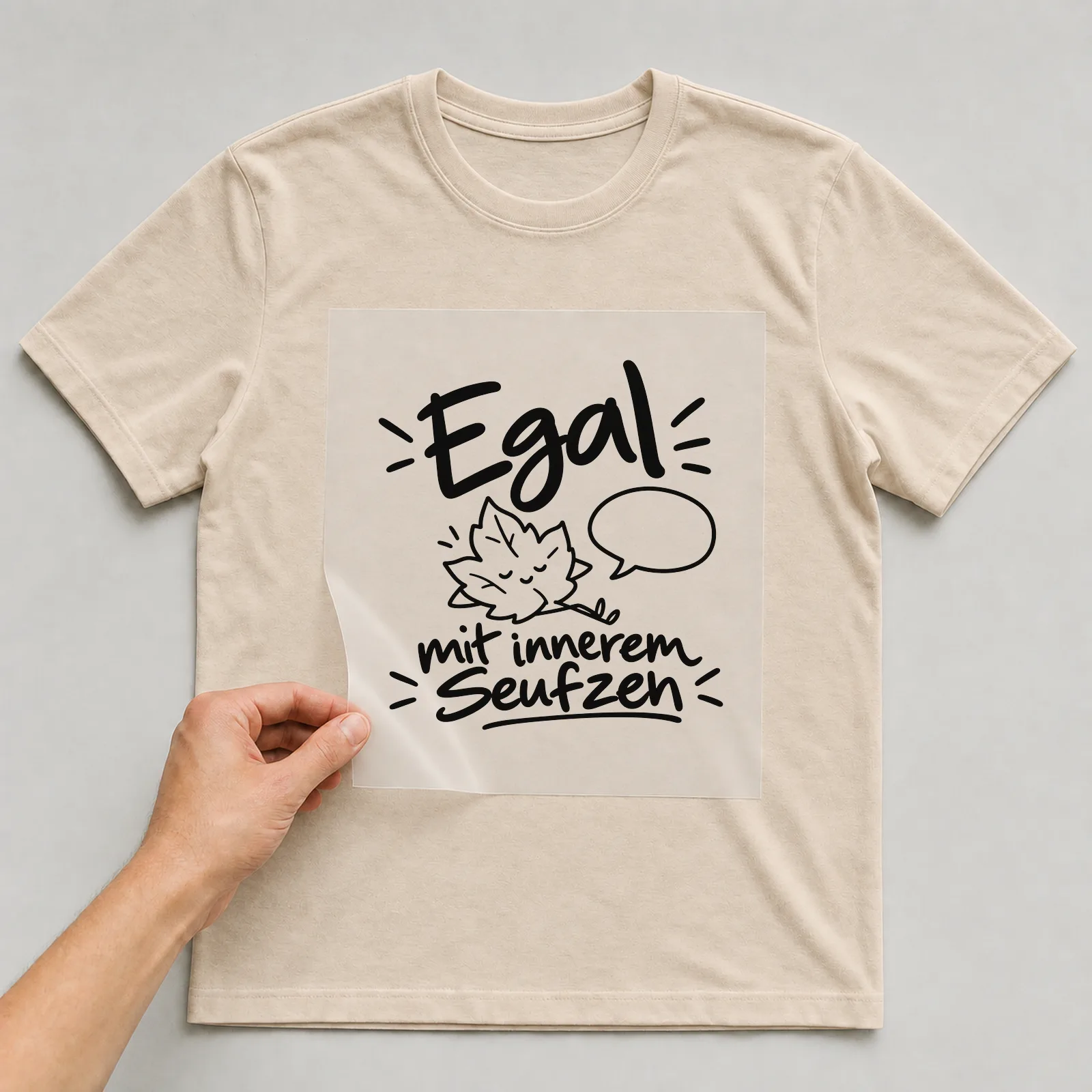 Bügelbild „Egal mit innerem Seufzen“ auf beigem T-Shirt, Folie wird aufgelegt