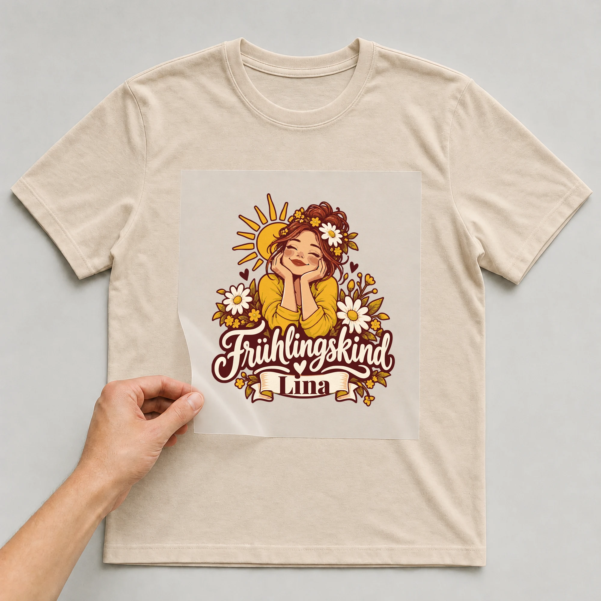 Bügelbild Frühlingskind mit Name auf beigem T-Shirt, Folie wird aufgelegt