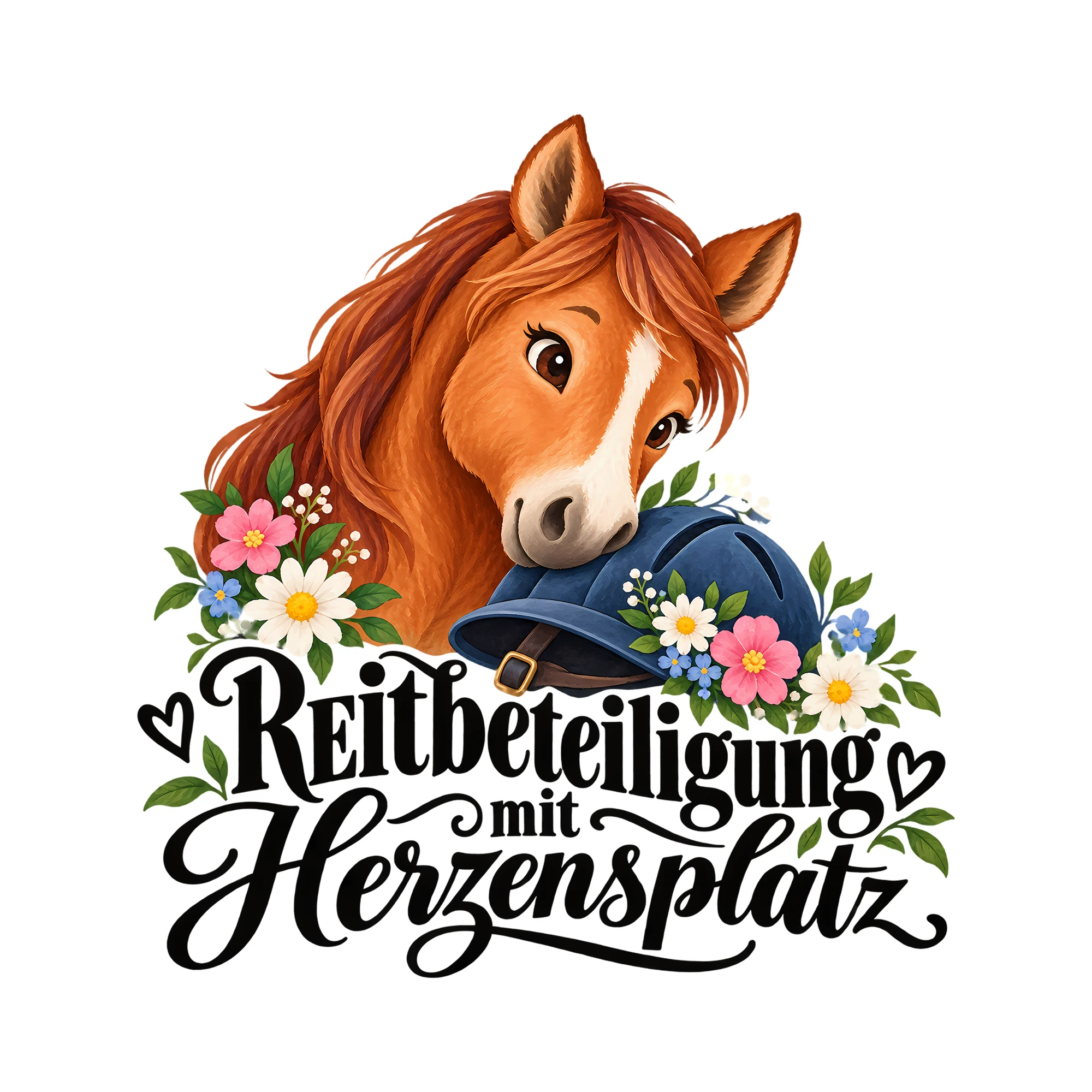 Bügelbild Reitbeteiligung mit Herzensplatz als Grafik auf weißem Hintergrund (BB013594)