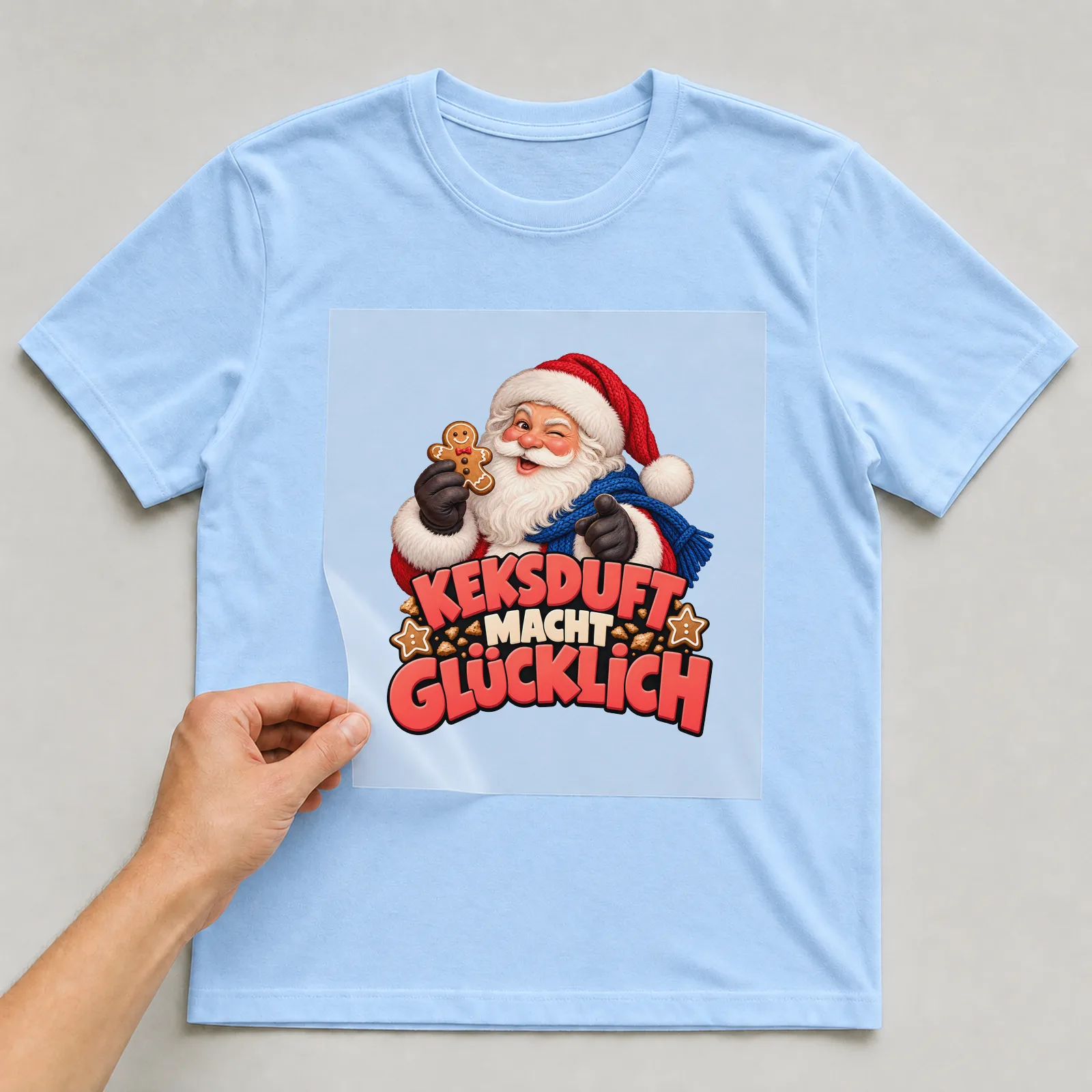 Bügelbild „Keksduft macht glücklich“ auf hellblauem T-Shirt, Folie wird aufgelegt