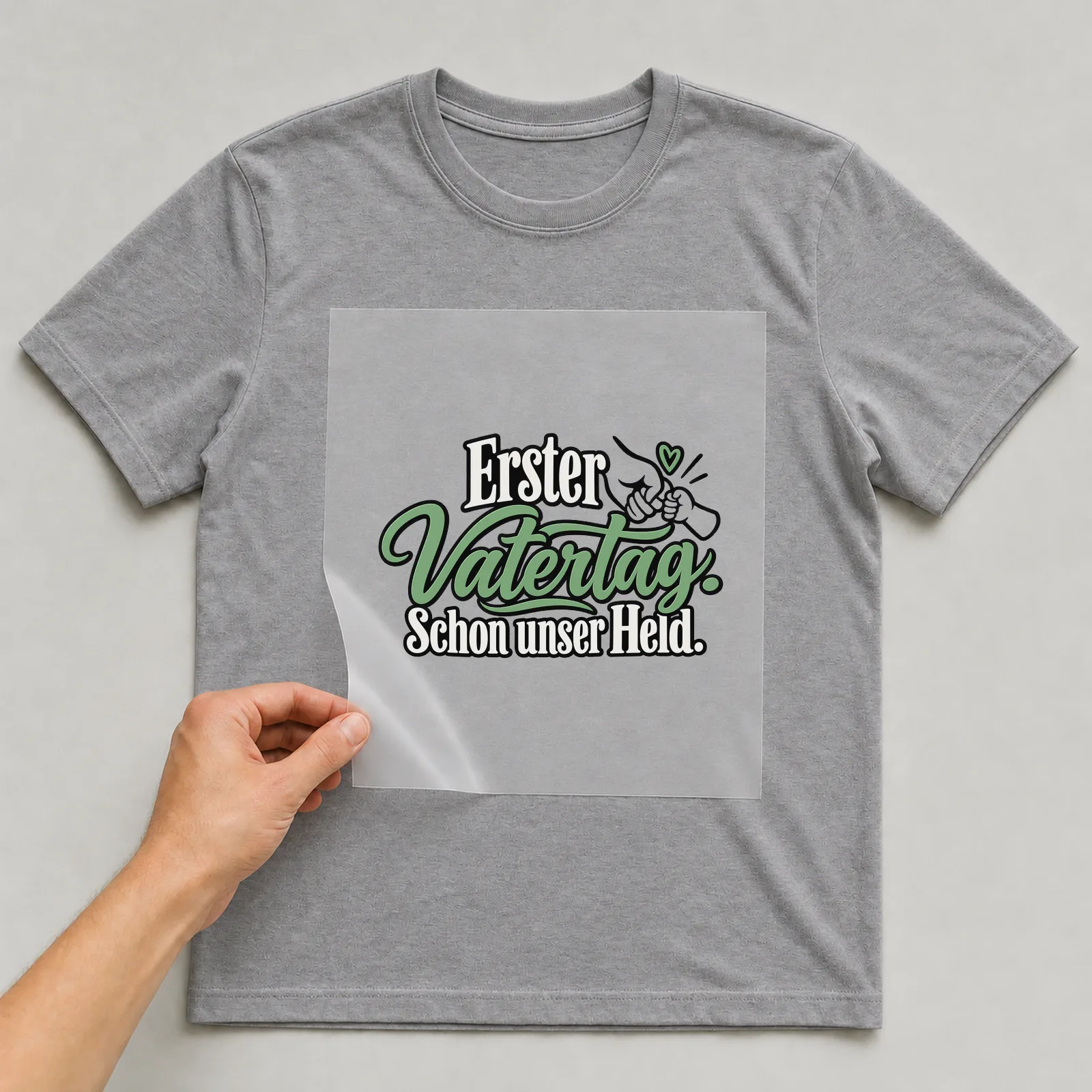 Bügelbild „Erster Vatertag. Schon unser Held.“ auf grauem T-Shirt, Folie wird aufgelegt