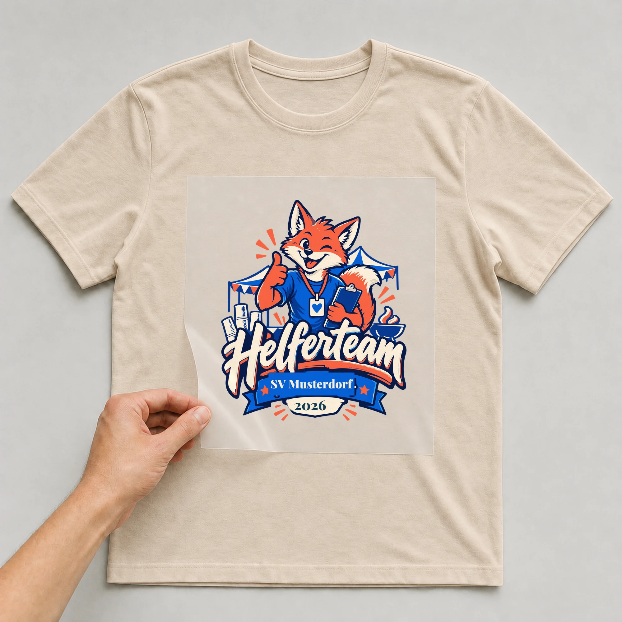 Bügelbild Helferteam mit Verein und Jahr auf beigem T-Shirt, Folie wird aufgelegt