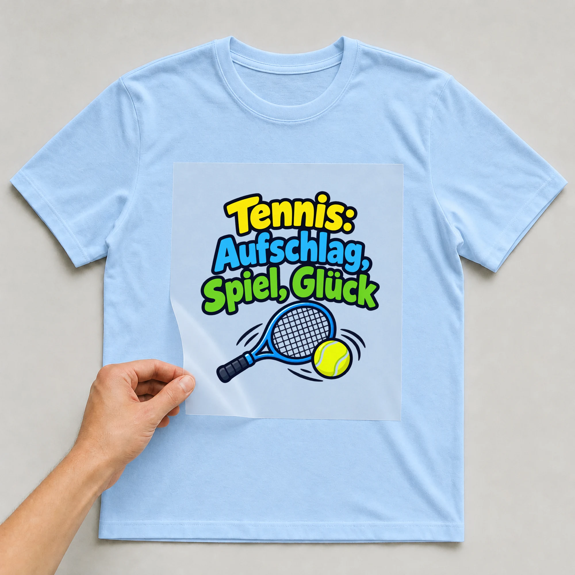 Bügelbild „Tennis: Aufschlag, Spiel, Glück“ auf babyblauem T-Shirt, Folie wird aufgelegt