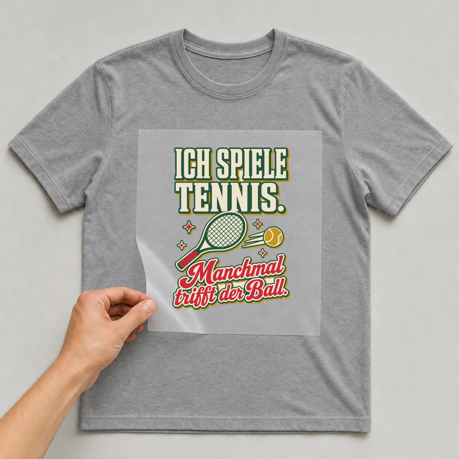 Bügelbild Ich spiele Tennis. Manchmal trifft der Ball. auf grauem T-Shirt, Folie wird aufgelegt