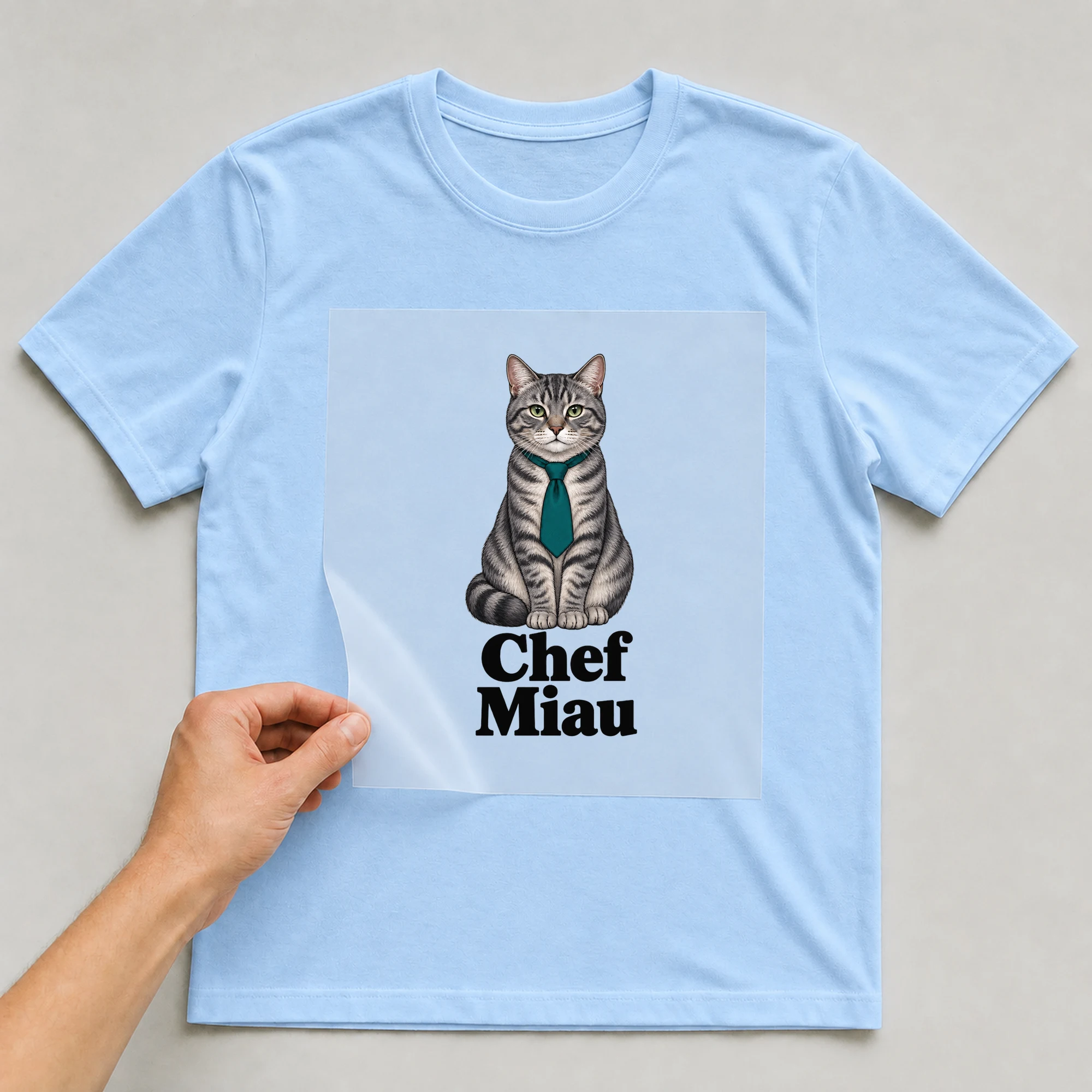 Bügelbild „Chef Miau“ auf babyblauem T-Shirt, Folie wird aufgelegt