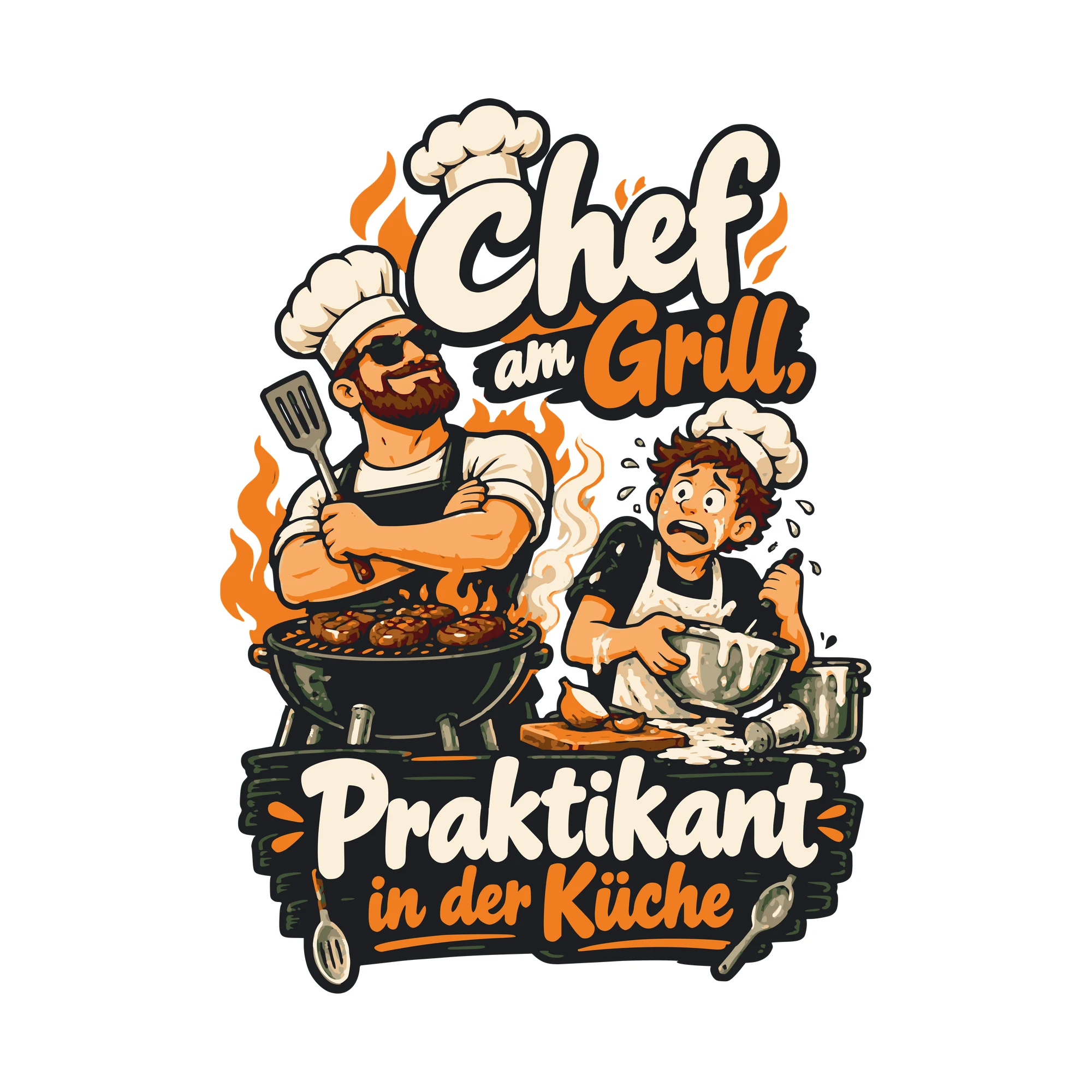 Bügelbild Chef am Grill, Praktikant in der Küche als Grafik auf weißem Hintergrund (BB011070)