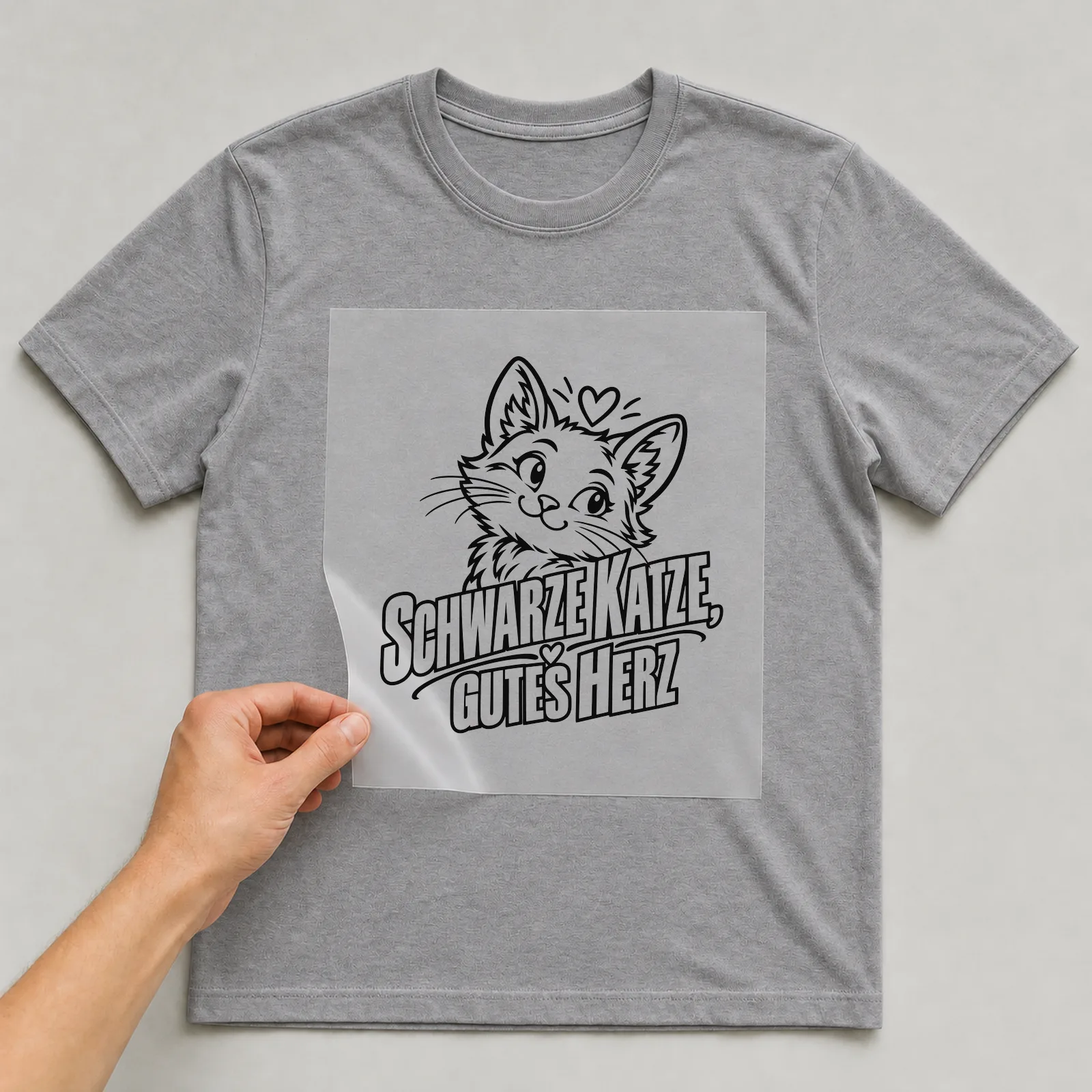 Bügelbild „Schwarze Katze, gutes Herz“ auf grauem T-Shirt, Folie wird aufgelegt