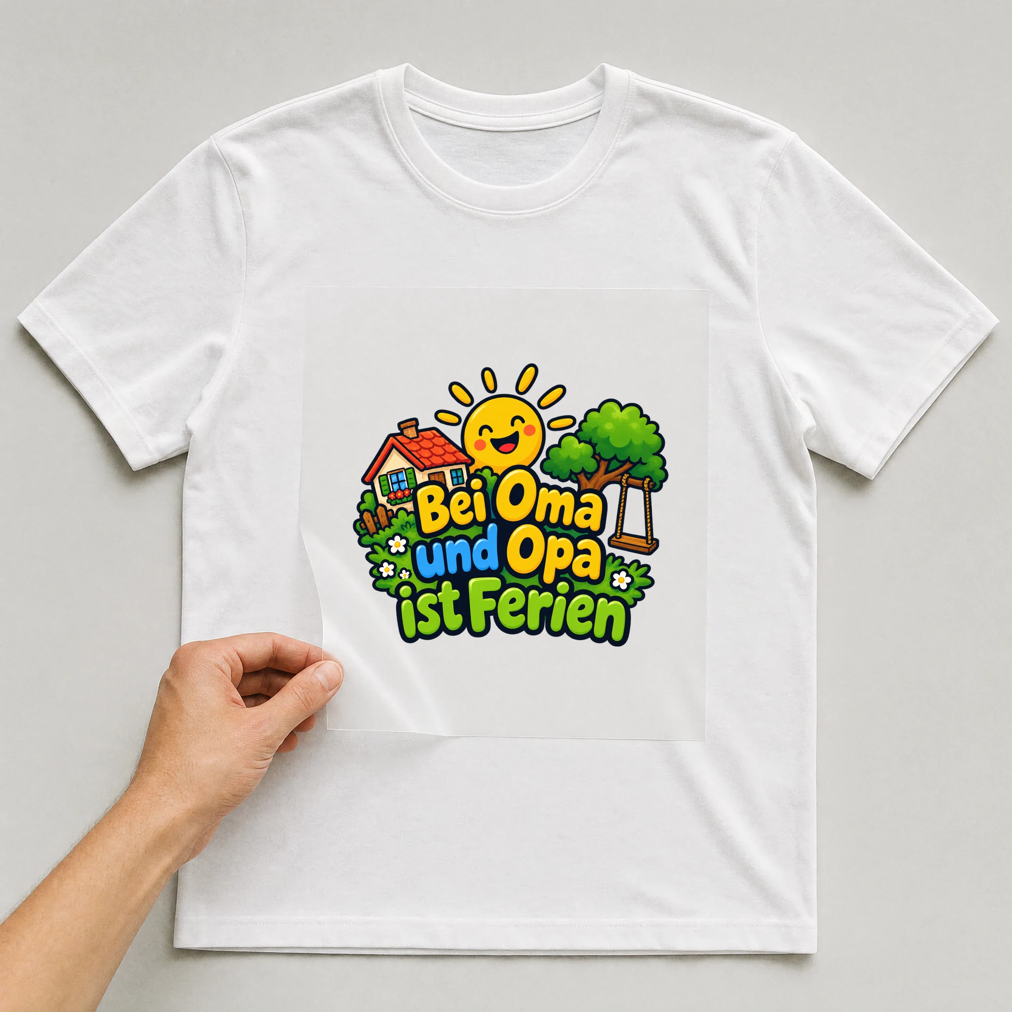 Bügelbild „Bei Oma und Opa ist Ferien“ auf weißem T-Shirt, Folie wird aufgelegt