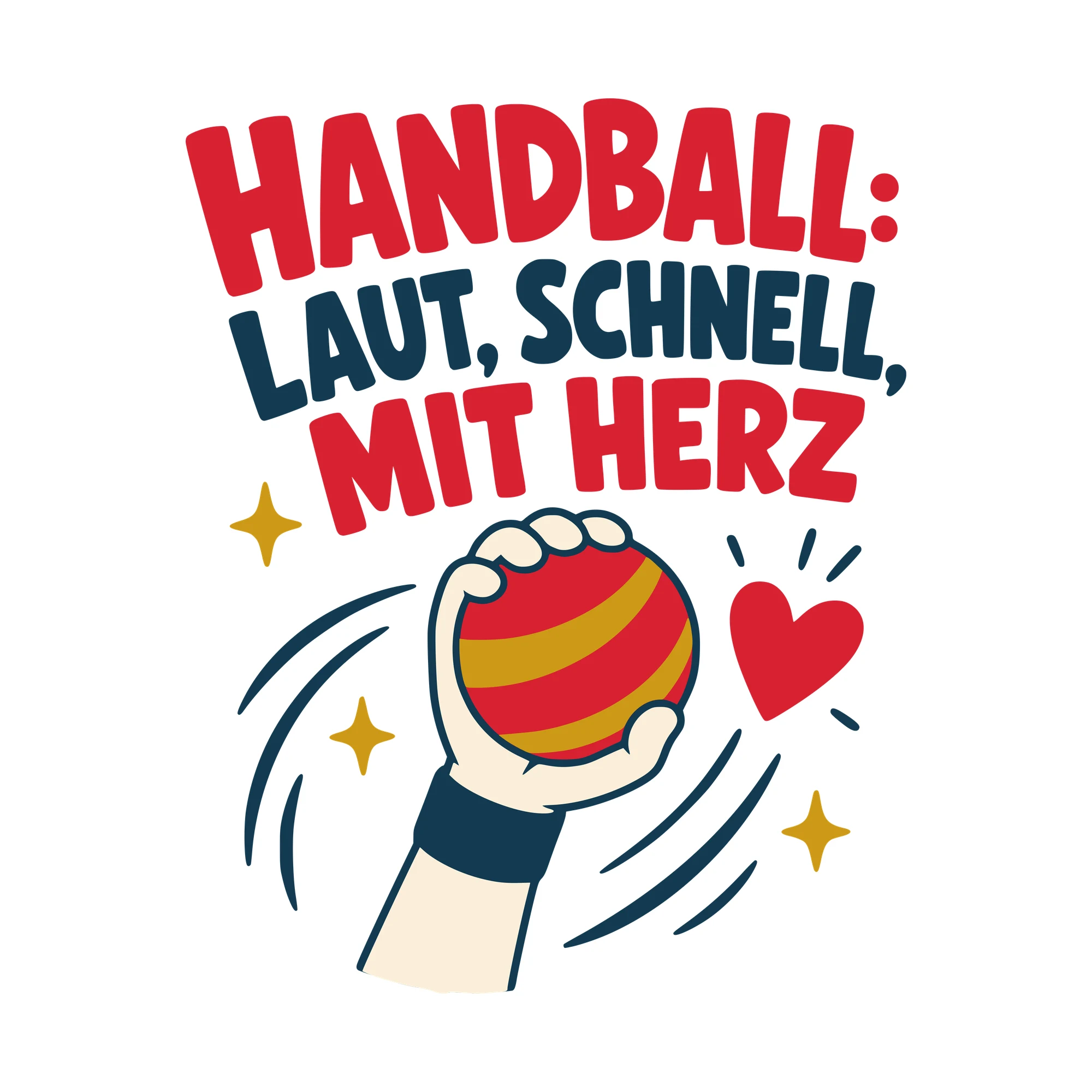 Bügelbild Handball: laut, schnell, mit Herz als Grafik auf weißem Hintergrund (BB010514)
