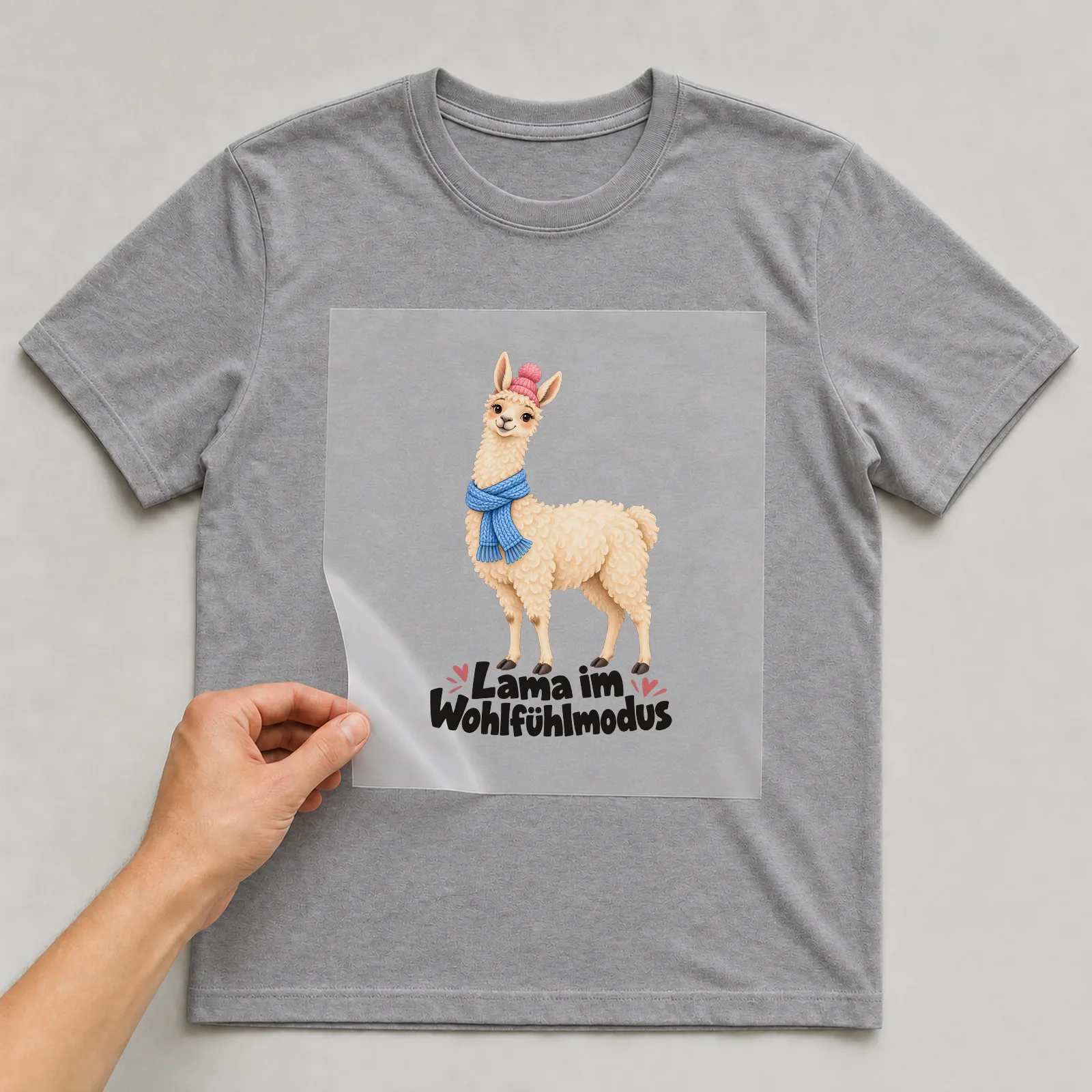 Bügelbild „Lama im Wohlfühlmodus“ auf grauem T-Shirt, Folie wird aufgelegt