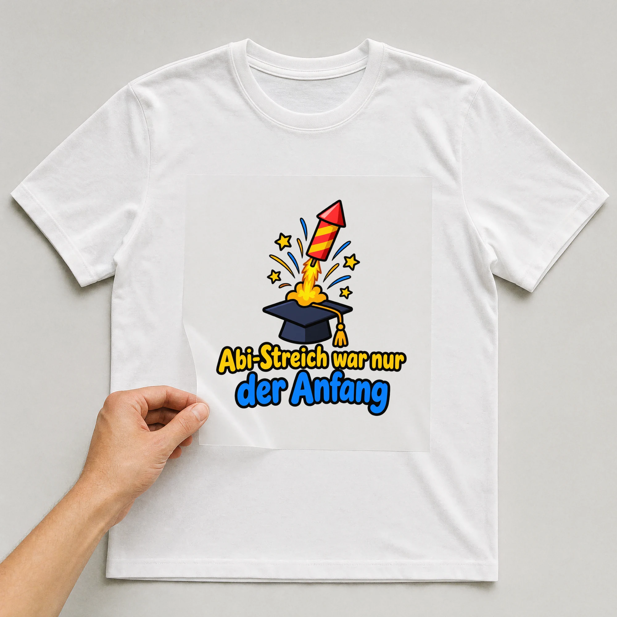 Bügelbild „Abi-Streich war nur der Anfang“ auf weißem T-Shirt, Folie wird aufgelegt